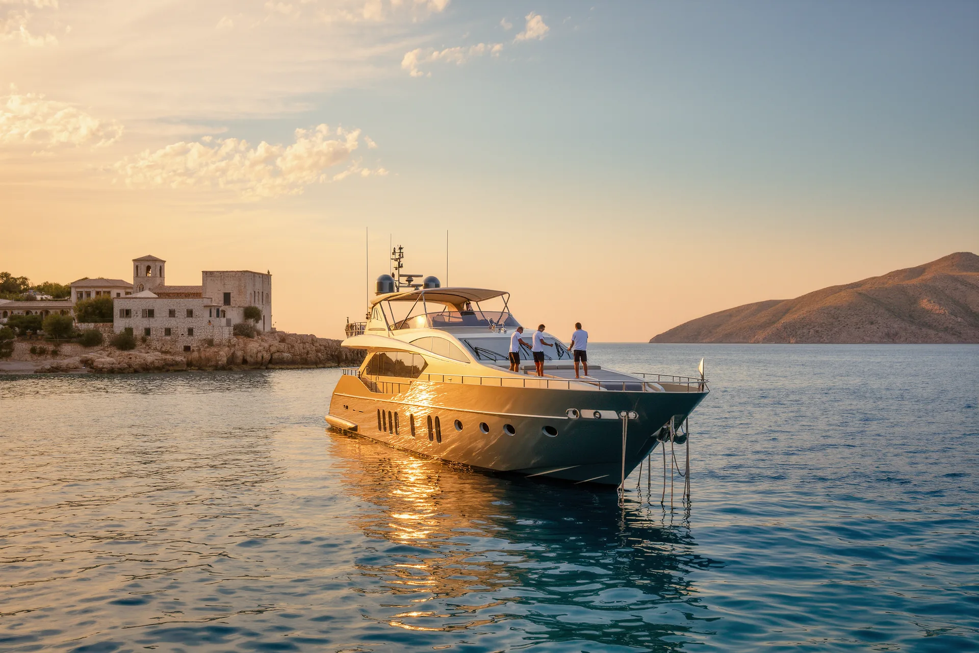 Yate de lujo fondeado en una bahía mediterránea al atardecer, con la tripulación preparando la cubierta