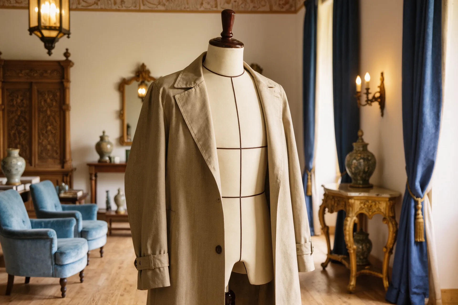 Gabardina trench beige de corte impecable colgada sobre un maniquí de sastre en un atelier con luz natural