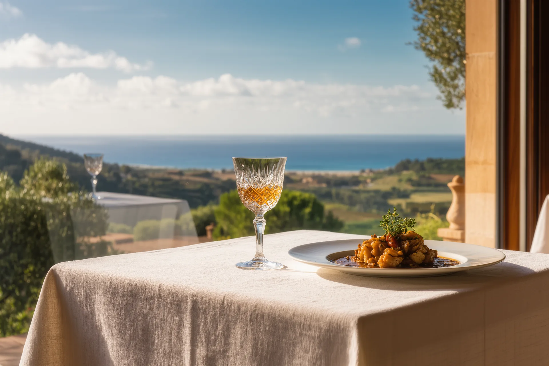 Mesa de un restaurante de alta cocina con mantel de lino, copas de cristal y un plato de autor recién servido junto a una ventana con vistas a un paisaje rural