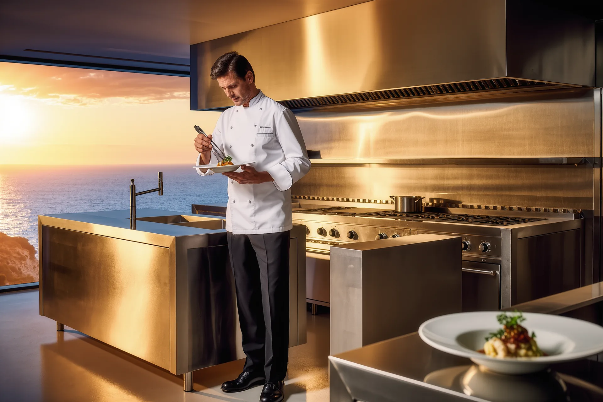 Cocinero de alta cocina emplatando con pinzas un plato minimalista en una cocina profesional de acero inoxidable
