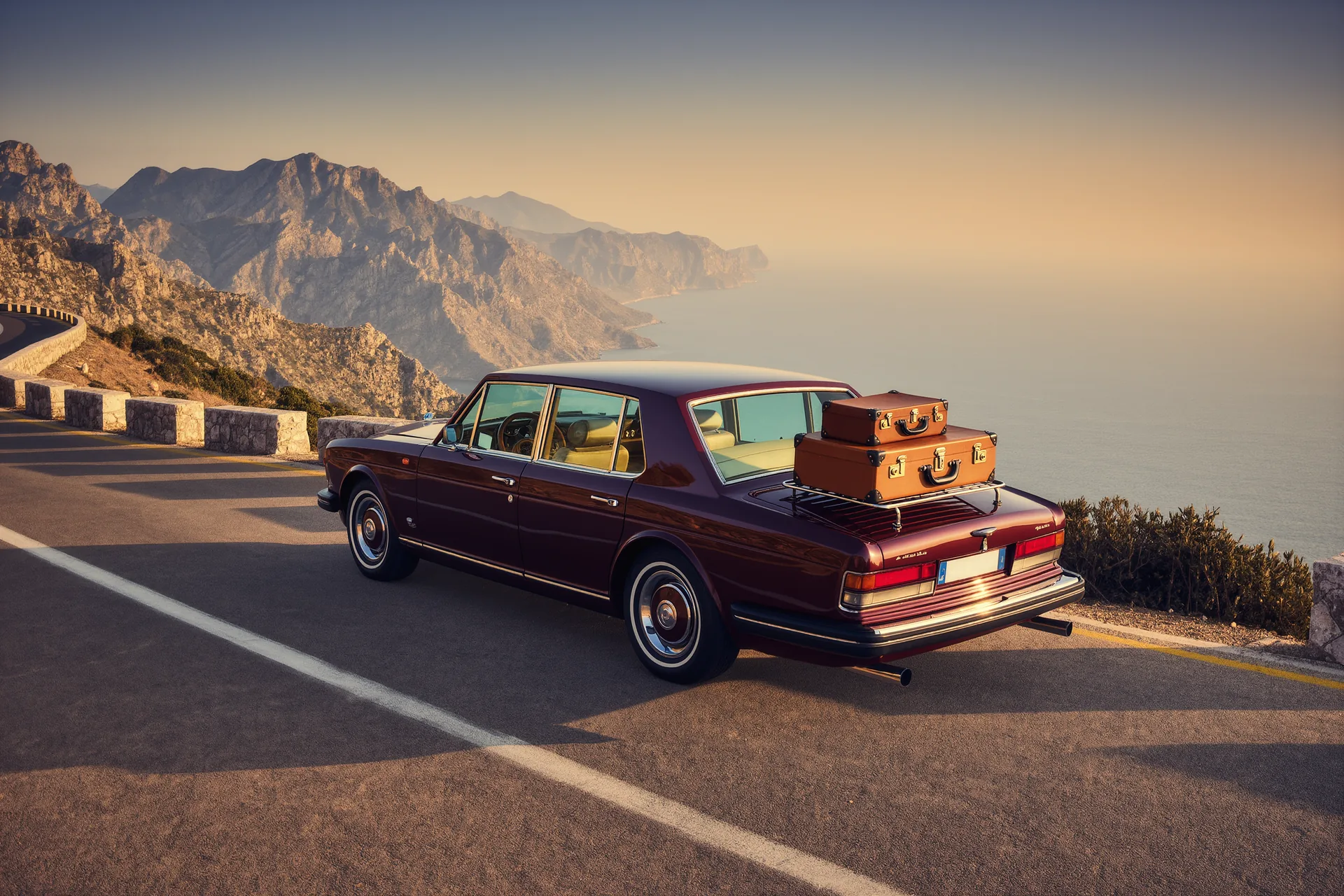 Un gran turismo clásico de color burdeos aparcado en una carretera alpina al atardecer, con maletas de cuero a juego sobre el maletero