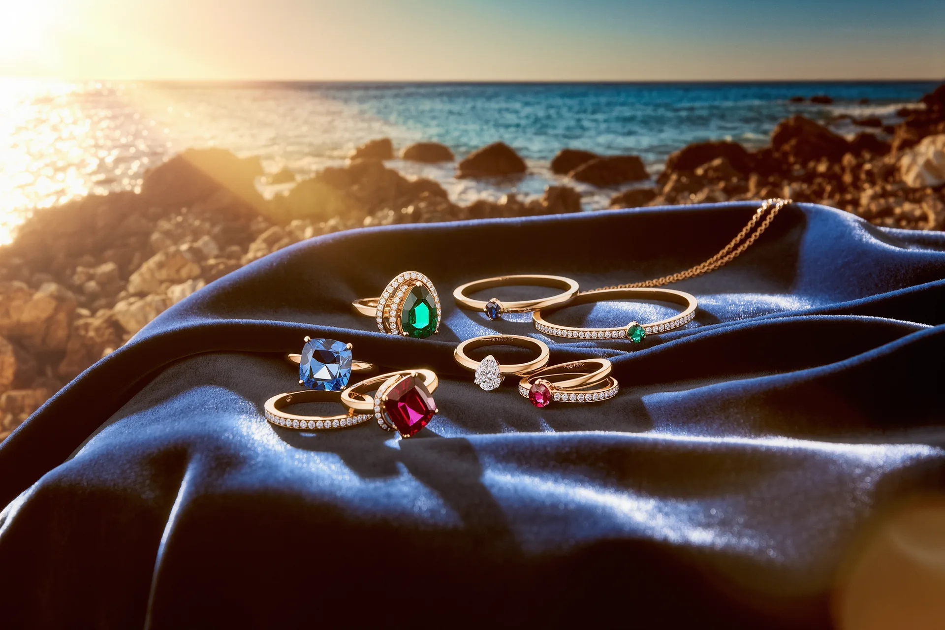 Anillos y collares de oro y plata de ley dispuestos sobre terciopelo oscuro junto a piedras preciosas sueltas