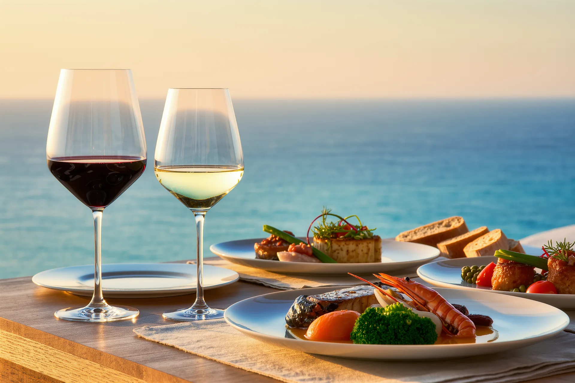 Copas de vino tinto y blanco junto a una mesa servida con platos de alta cocina