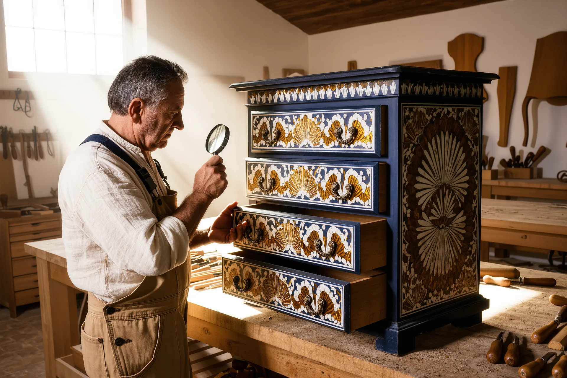 Ebanista examinando con lupa la marquetería de una cómoda antigua en un taller iluminado por luz natural