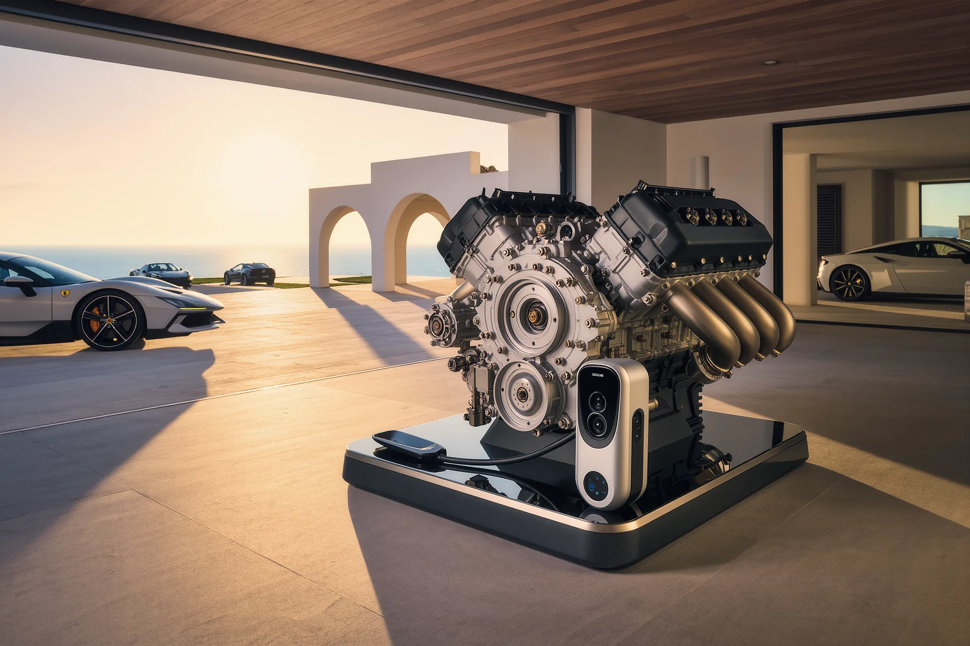 Motor V12 clásico fotografiado en primer plano junto a un cargador eléctrico de diseño en un garaje de coleccionista
