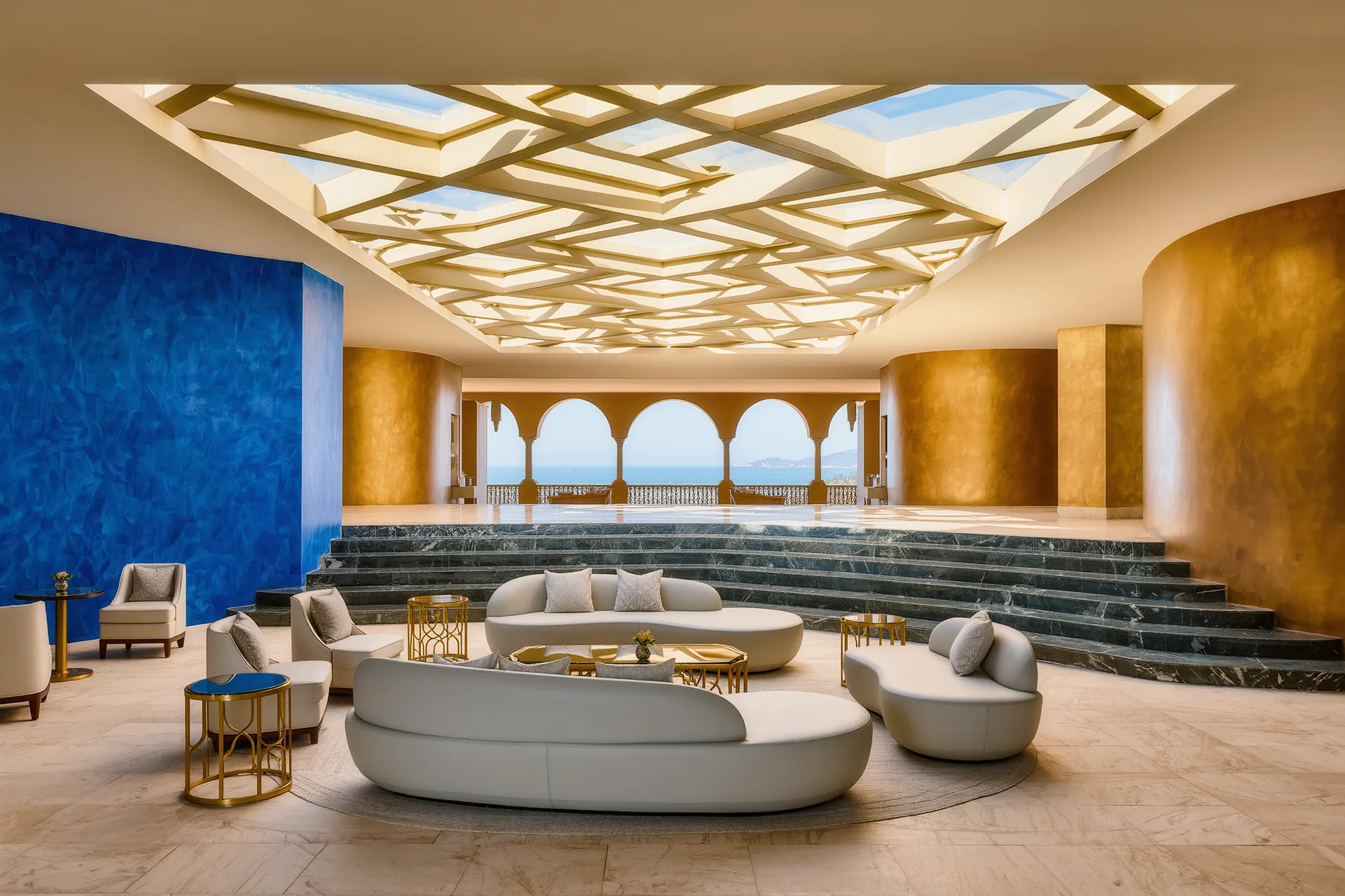Vestíbulo de hotel de diseño contemporáneo con líneas geométricas, luz cenital y mobiliario de autor en contraste con una escalinata clásica de mármol