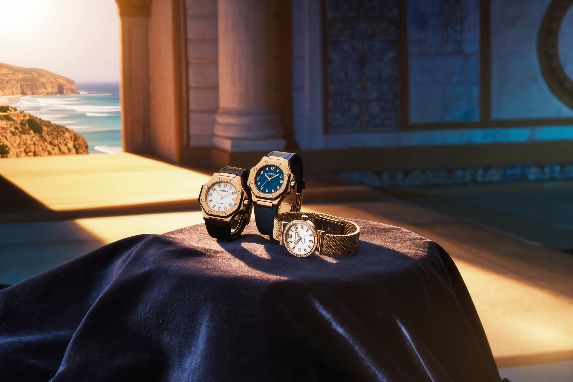 Varios relojes mecánicos de alta gama expuestos sobre un paño de terciopelo oscuro bajo luz cálida de estudio