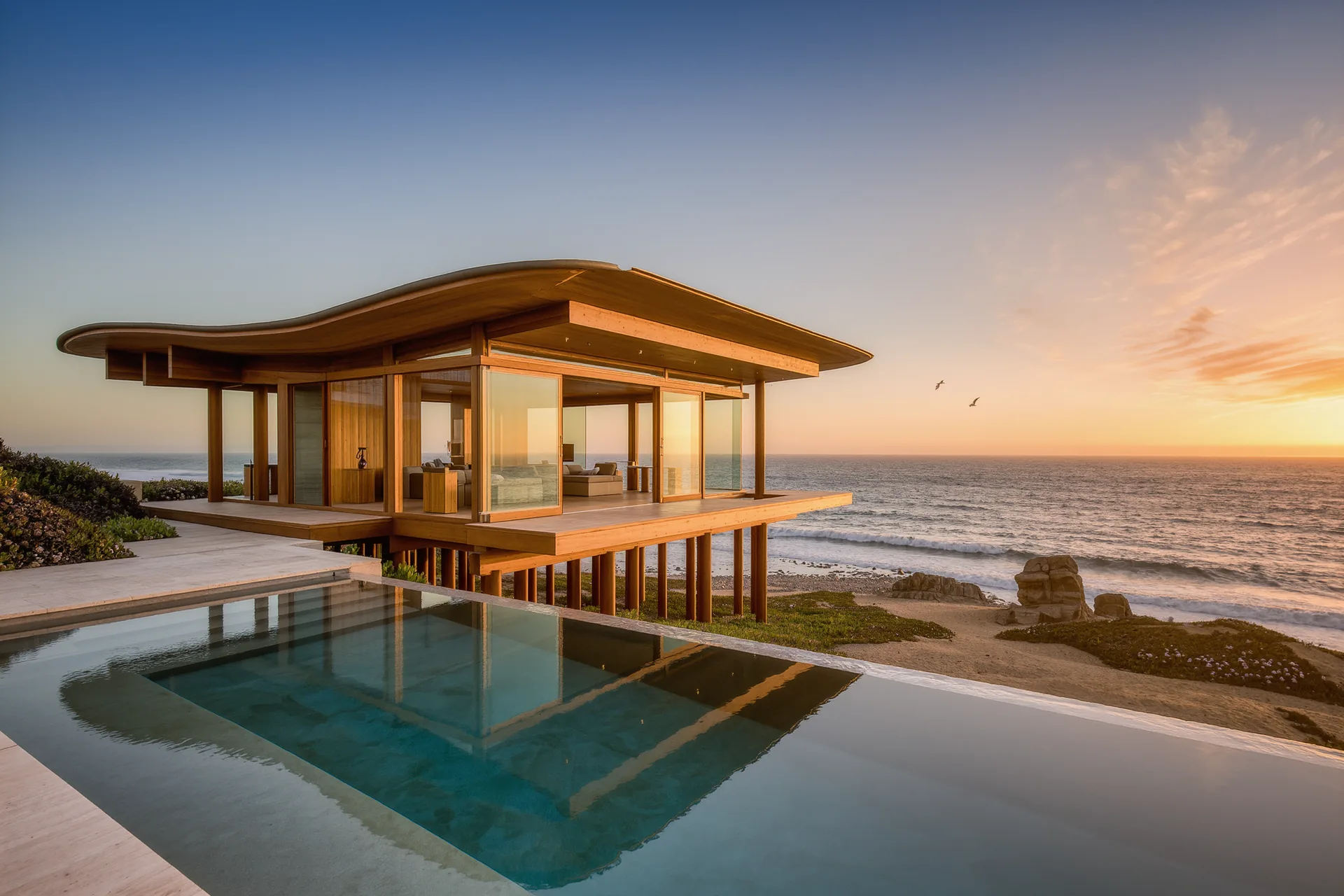 Villa de madera y cristal sobre pilotes en una isla privada del Pacífico, con una piscina infinita frente al océano al atardecer