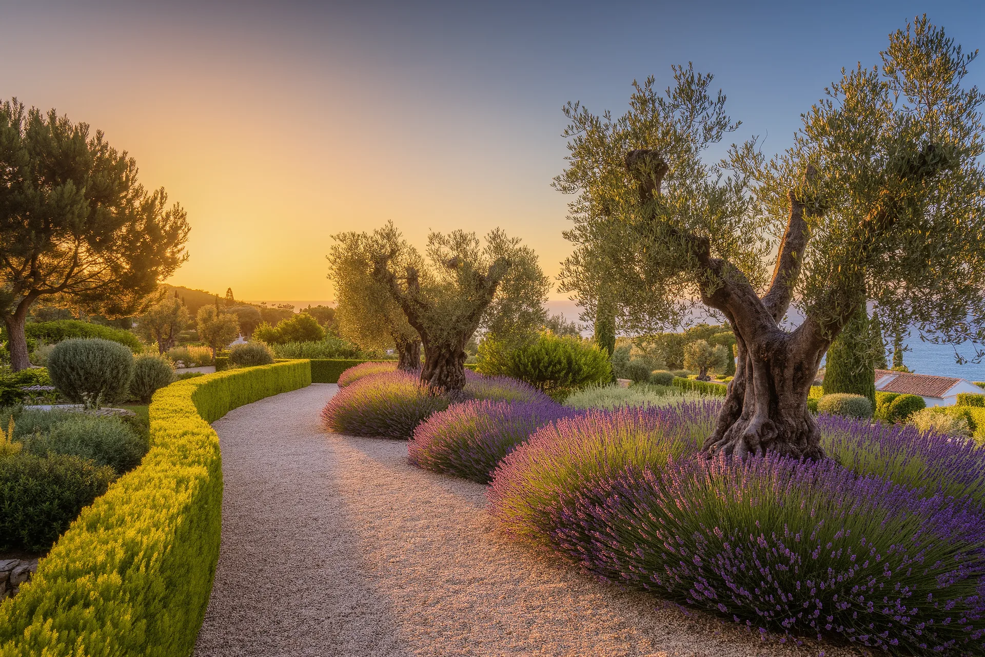 Jardín mediterráneo maduro al atardecer, con seto de boj recortado, olivo centenario y senda de gravilla entre lavandas