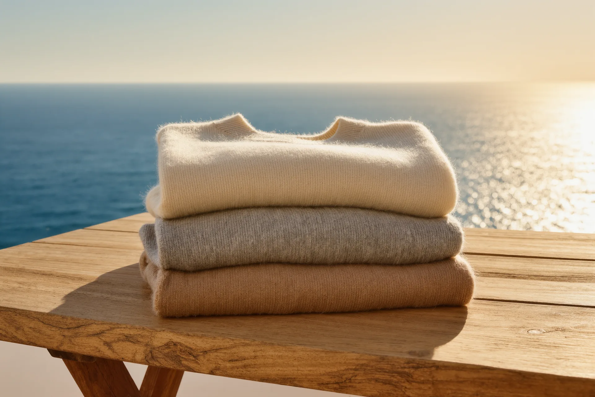 Jerseys de punto de cachemira doblados con precisión sobre una mesa de madera clara, en tonos crudo, gris y camel
