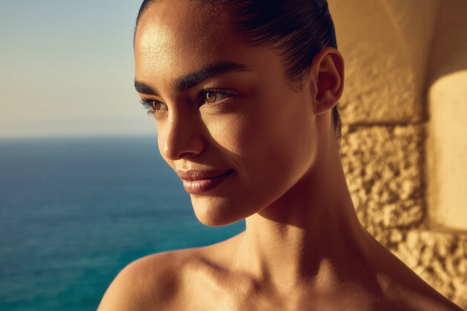 Primer plano de una piel luminosa e impecable iluminada por luz natural suave, sin maquillaje visible