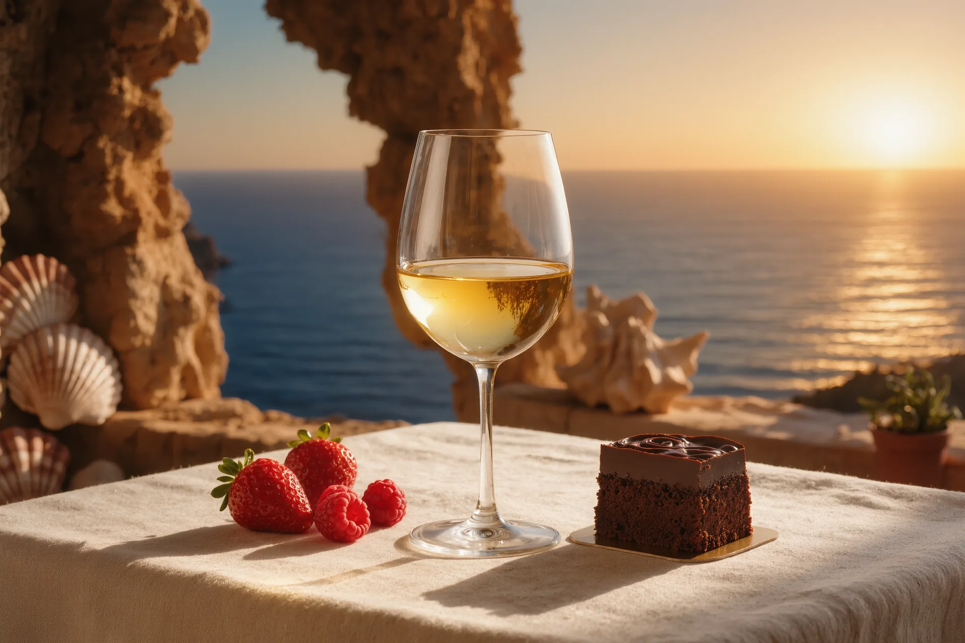 Copa de vino dulce dorado junto a un postre de chocolate y frutos rojos sobre mantel de lino, con luz cálida de restaurante