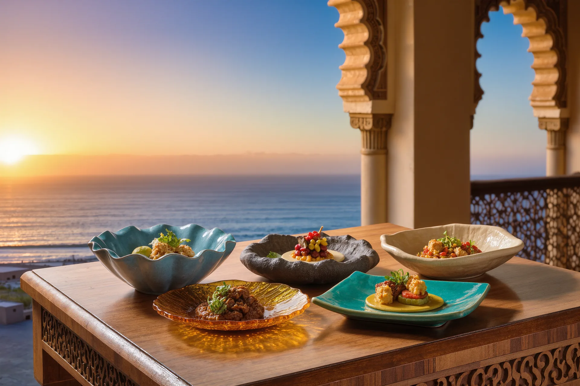 Mesa de restaurante de alta cocina con una sucesión de platos pequeños servidos en vajilla artesanal bajo luz cálida