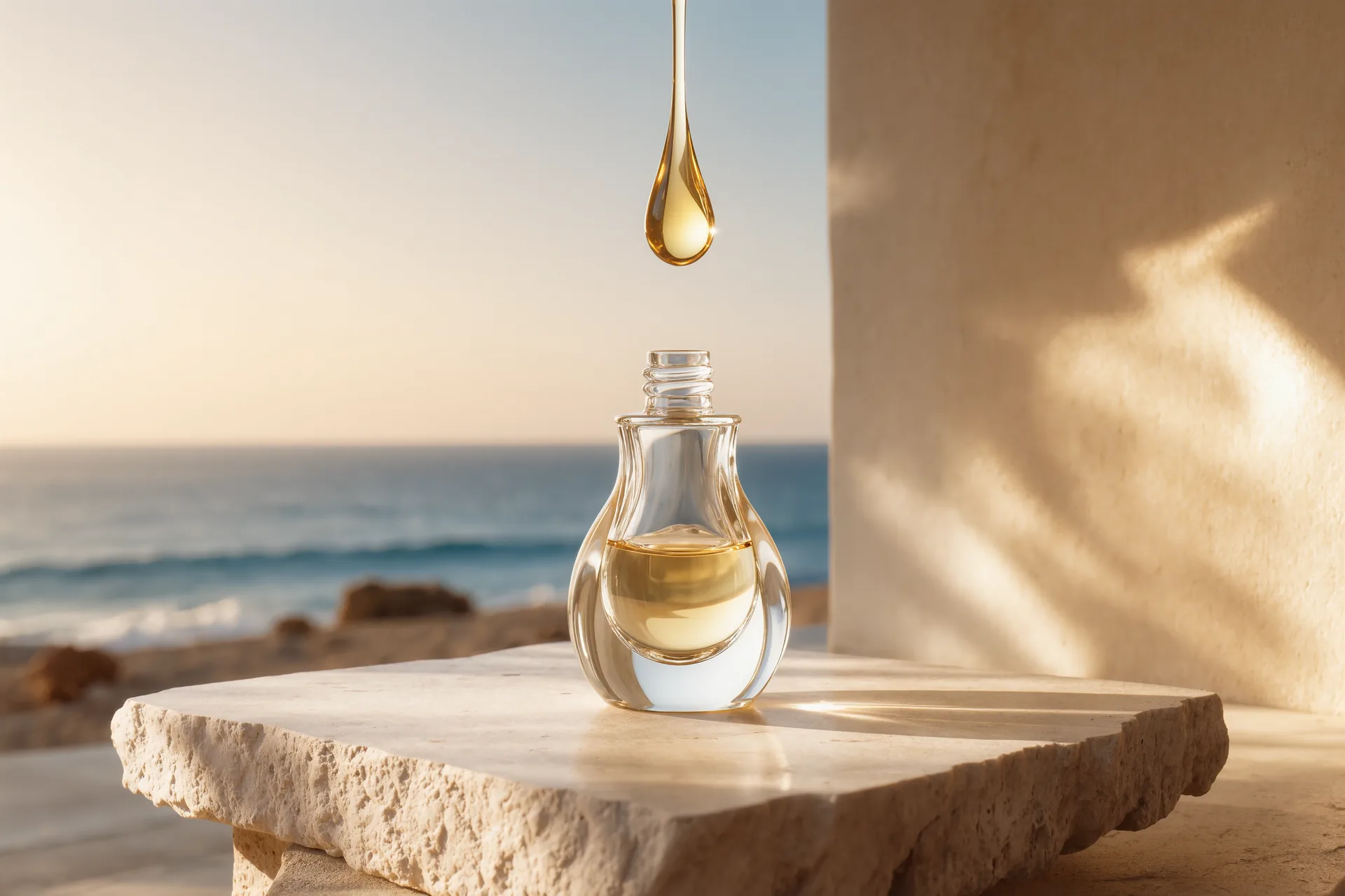 Frascos de cosmética minimalista sobre mármol claro, con luz suave y una gota de sérum suspendida sobre la piel