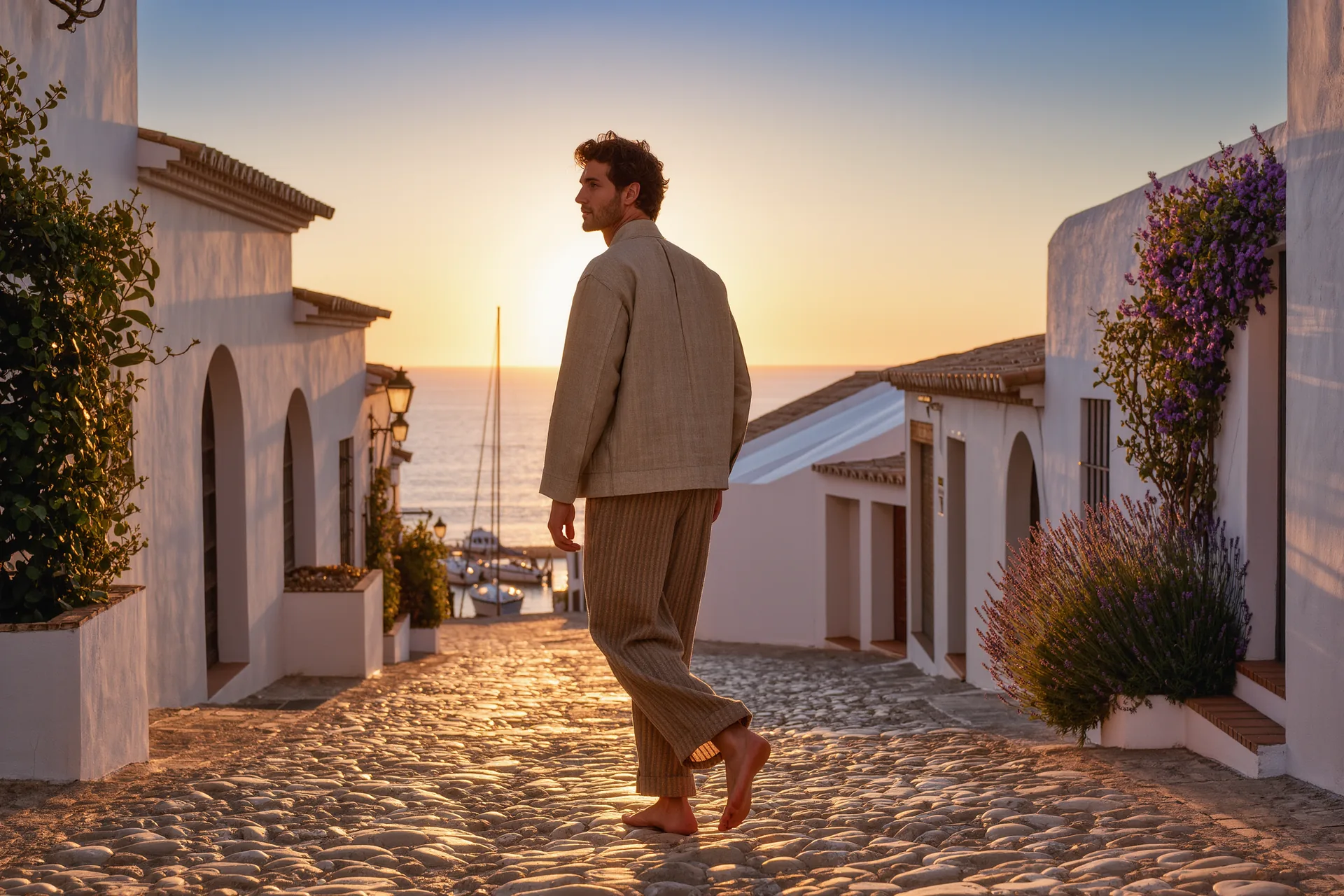 Hombre con chaqueta desestructurada de lino y pantalón chino caminando por una calle empedrada al atardecer