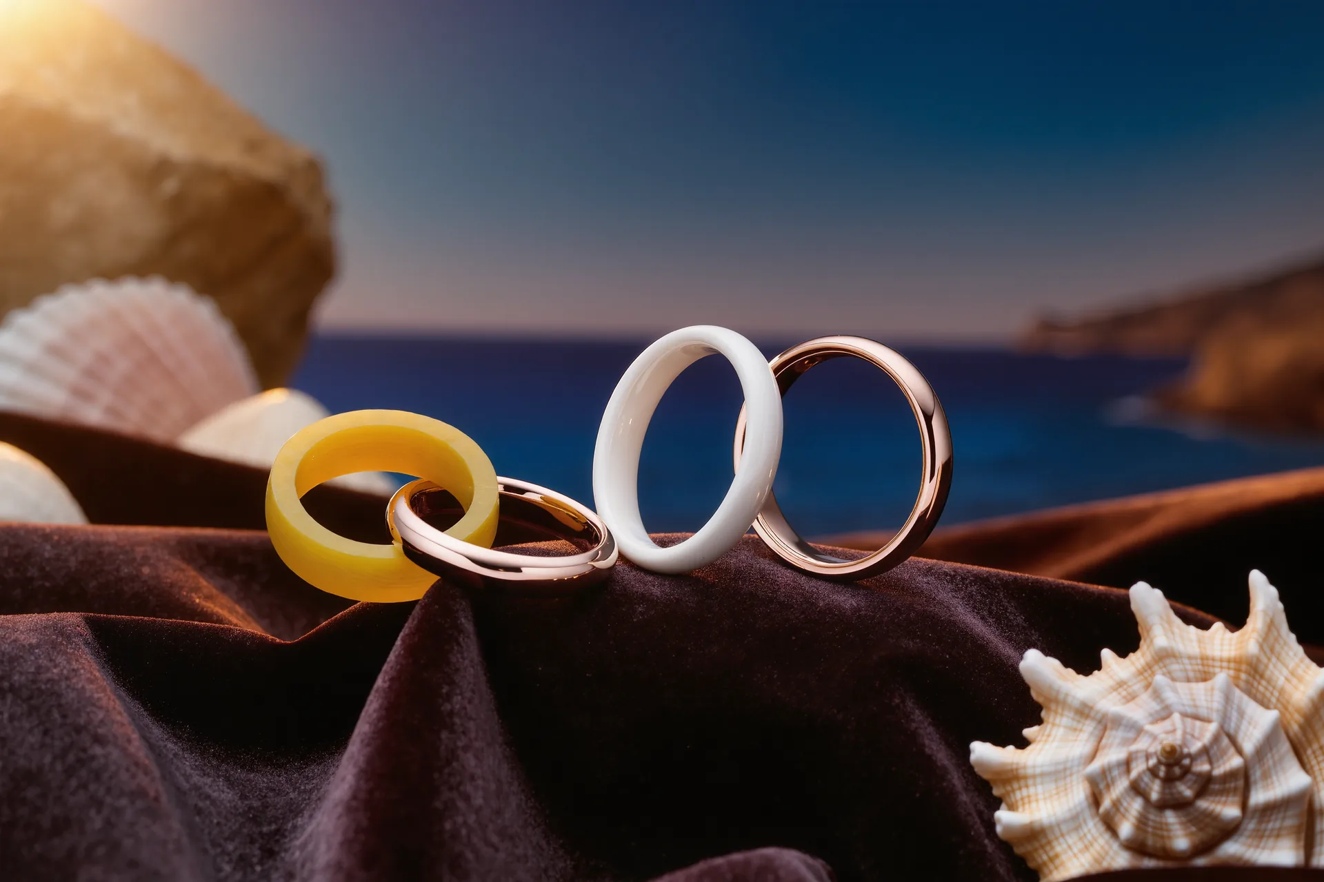 Tres anillos de oro amarillo, blanco y rosa dispuestos sobre terciopelo oscuro bajo luz de estudio