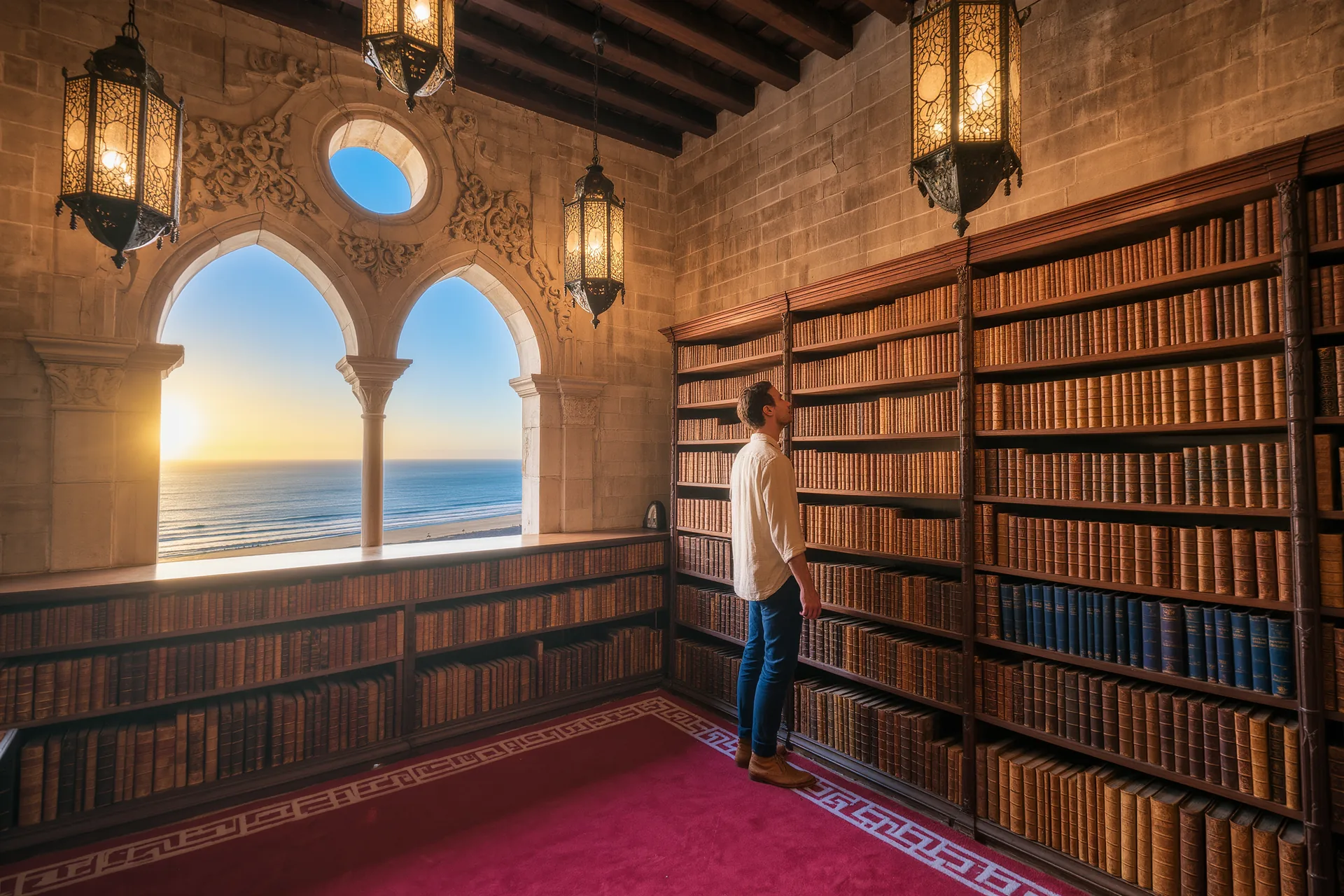 Biblioteca antigua con luz cenital y un viajero observando estanterías de libros encuadernados en piel