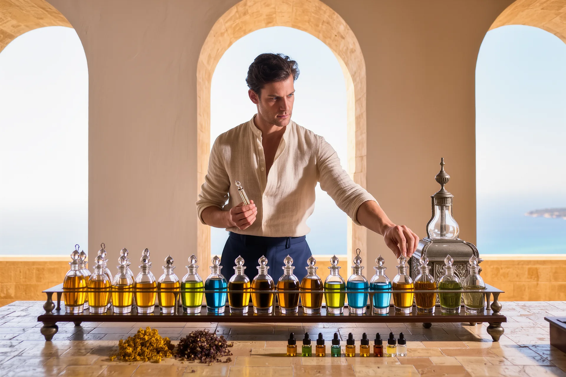 Un perfumista concentrado ante un organo de perfumista con decenas de frascos de esencias en un laboratorio de luz cálida