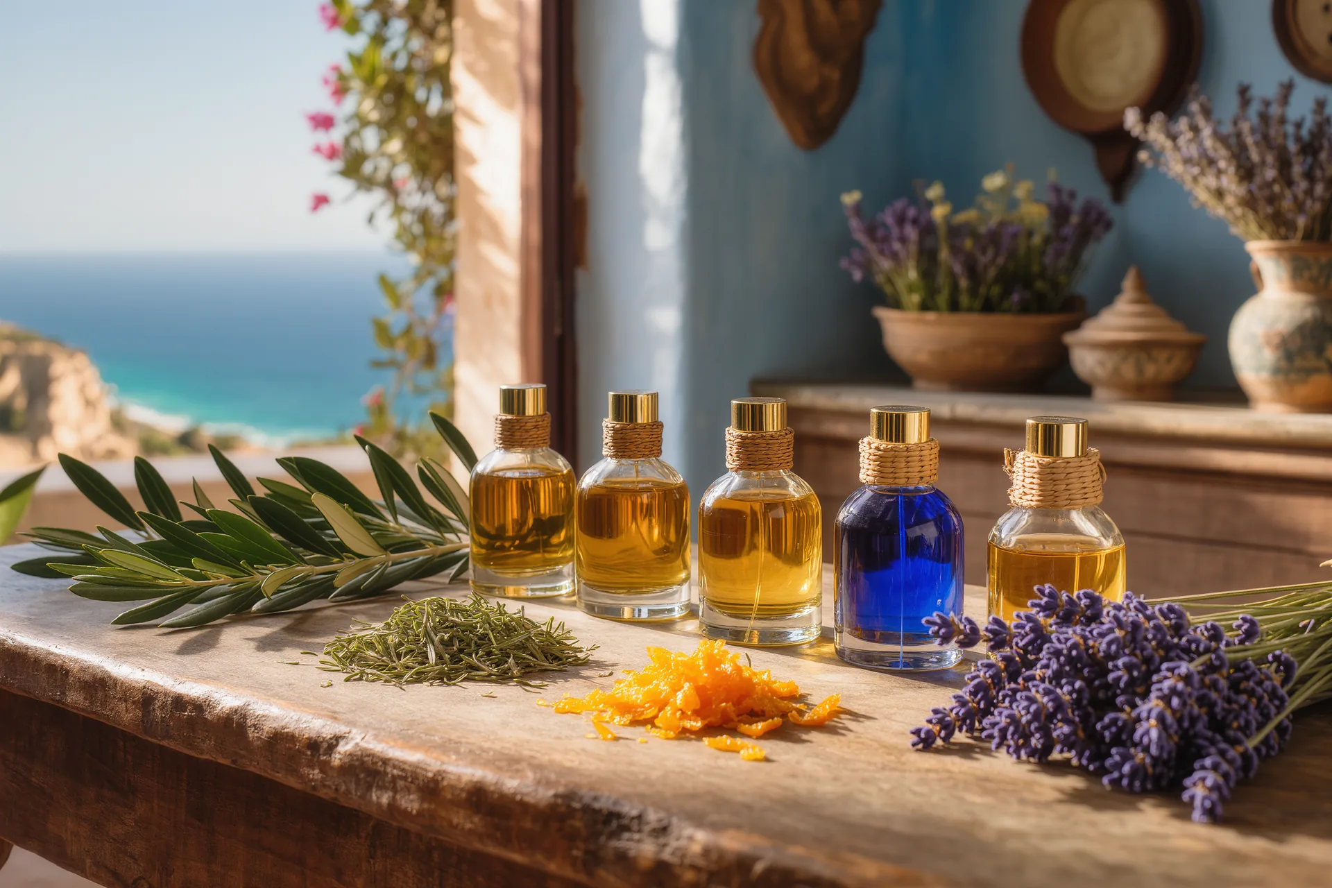 Frascos de esencias y materias primas botánicas dispuestos sobre una mesa de perfumista con luz cálida