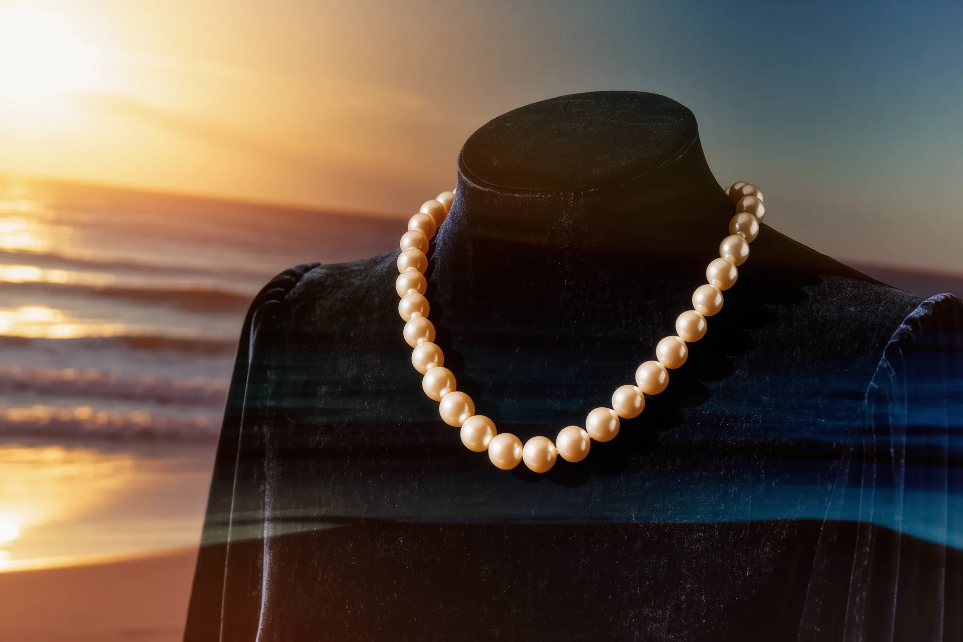 Collar de perlas de gran tamaño sobre terciopelo oscuro, con luz lateral que revela su brillo nacarado