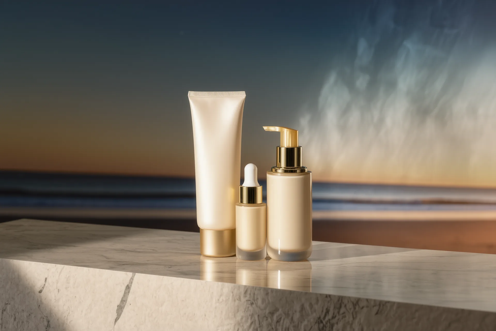 Frascos de cosmética minimalista en tonos crema sobre una superficie de mármol claro, con luz suave de mañana