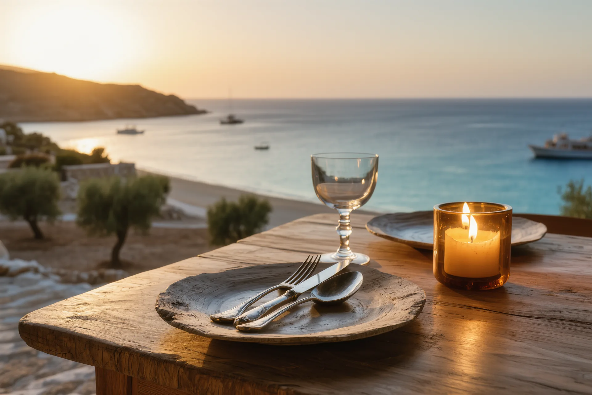 Mesa de madera puesta con un único servicio, vajilla artesanal, copa de vino y luz cálida de una vela