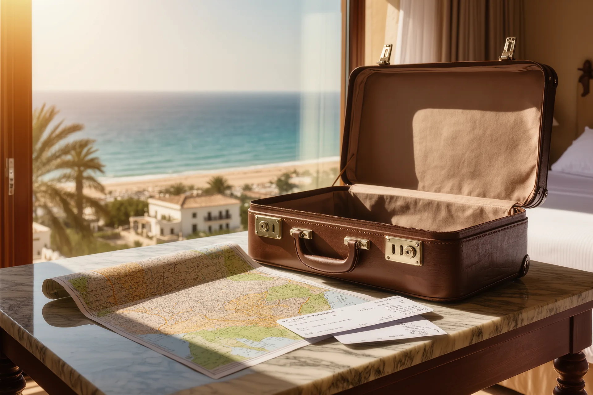 Maleta de piel abierta junto a mapas y billetes de avión sobre una mesa de mármol en una suite de hotel