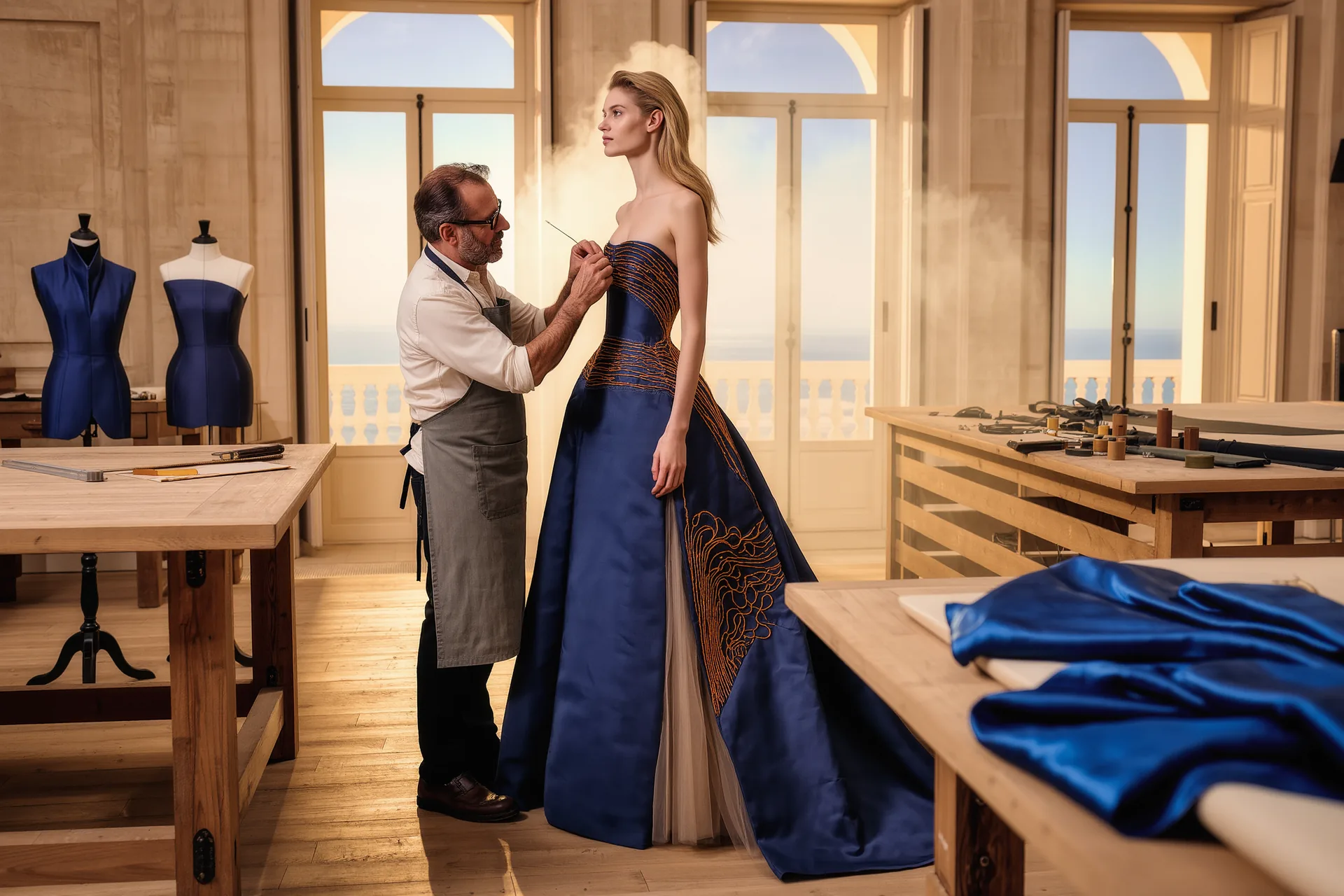 Taller de costura parisino con maniquíes vestidos a medio confeccionar y una modista trabajando un corpiño a mano