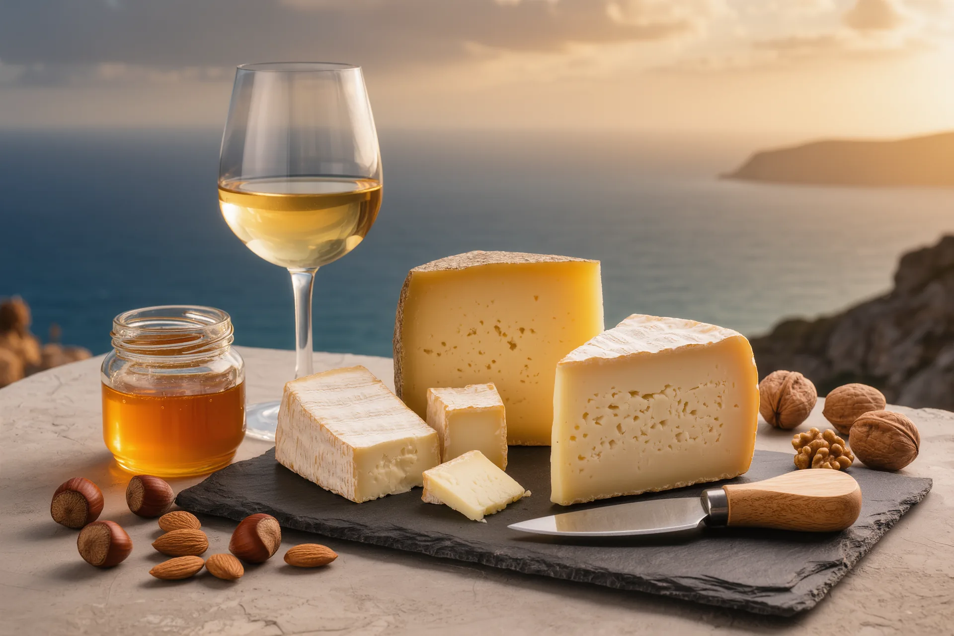 Tabla de quesos españoles artesanos sobre piedra oscura, con miel, nueces y una copa de vino junto a un cuchillo de queso de mango de madera