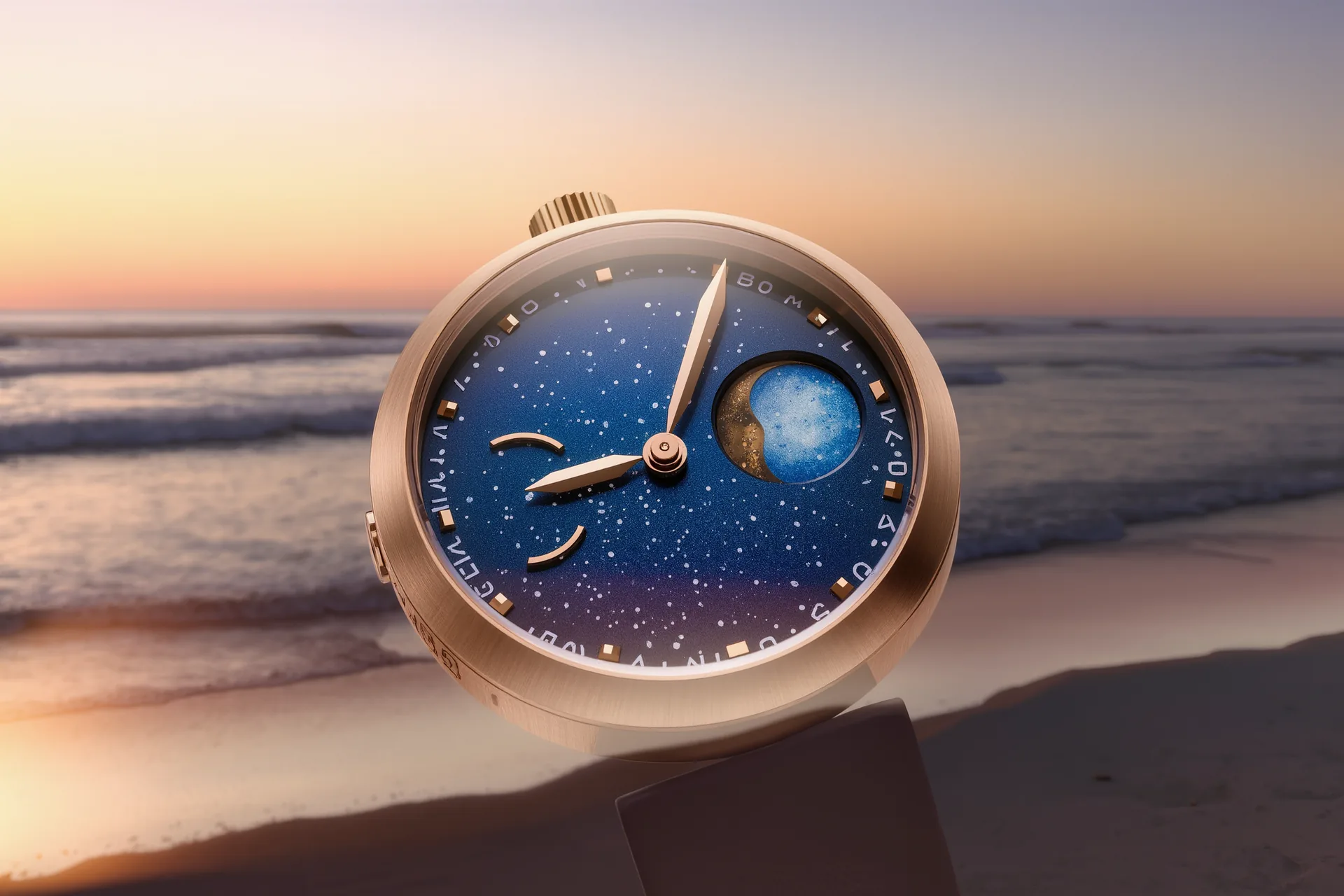 Detalle macro de la esfera de un reloj de alta relojería mostrando el disco de fases lunares en azul estrellado bajo luz cálida