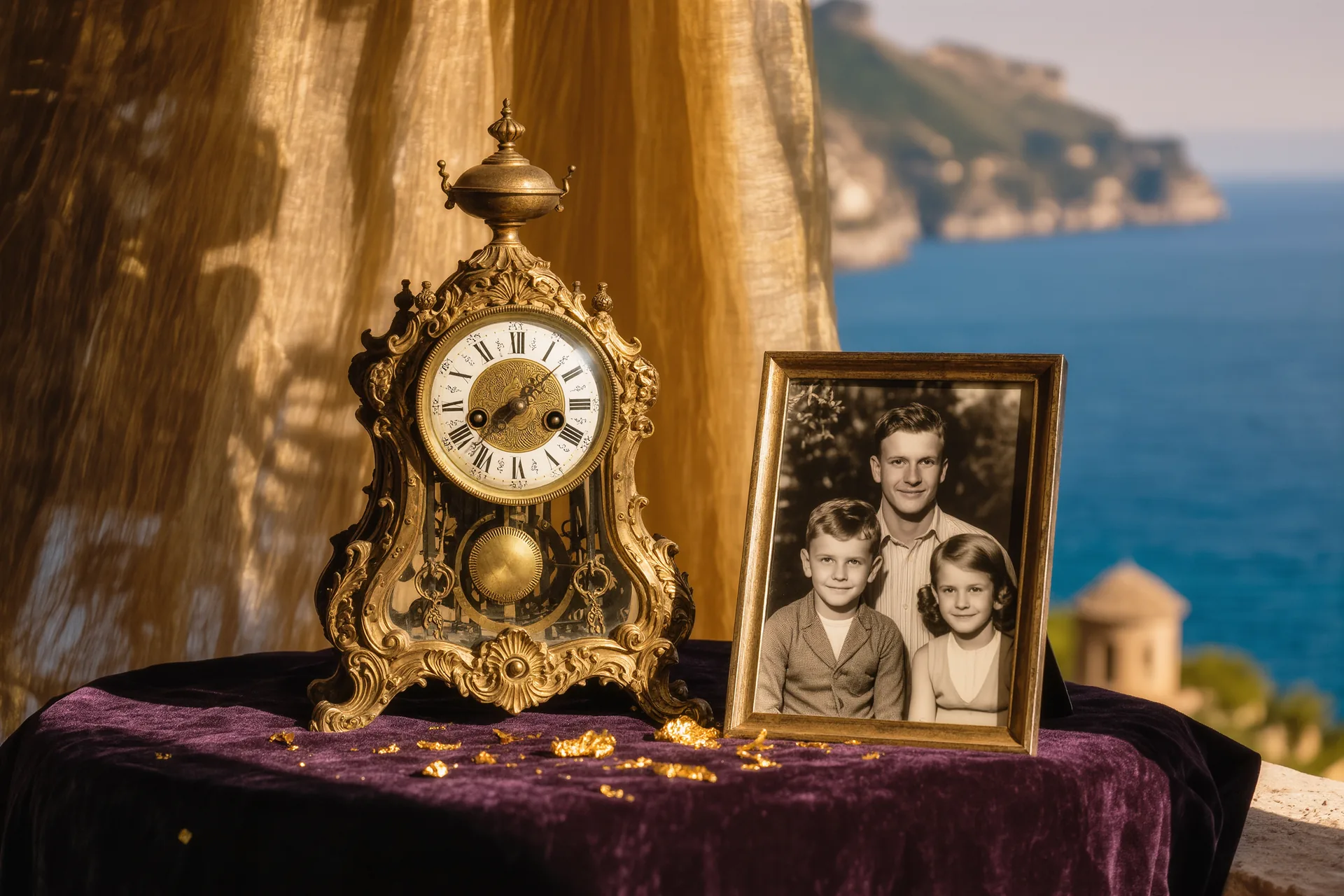 Reloj mecánico antiguo de oro sobre un paño de terciopelo oscuro, junto a una fotografía familiar en blanco y negro