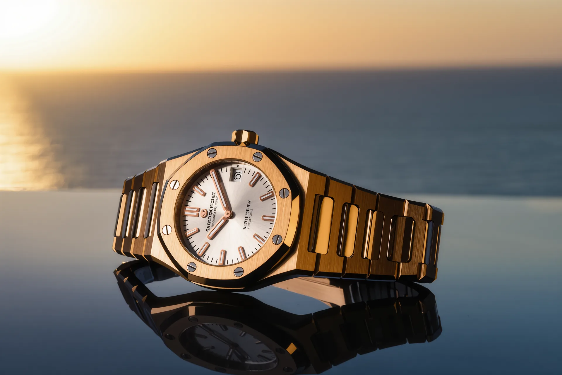 Primer plano de un reloj deportivo de acero pulido y cepillado sobre una superficie oscura, con reflejos de luz en el brazalete integrado