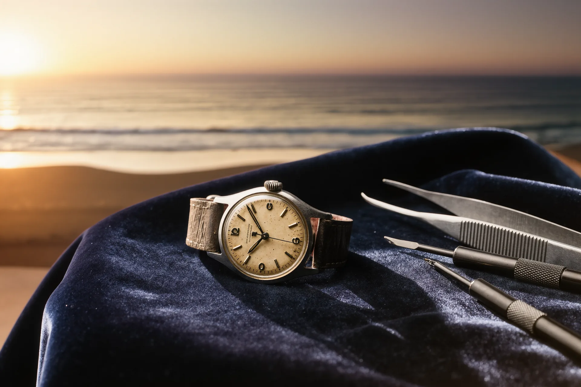 Reloj vintage de acero con esfera pátinada fotografiado sobre terciopelo oscuro junto a herramientas de relojero
