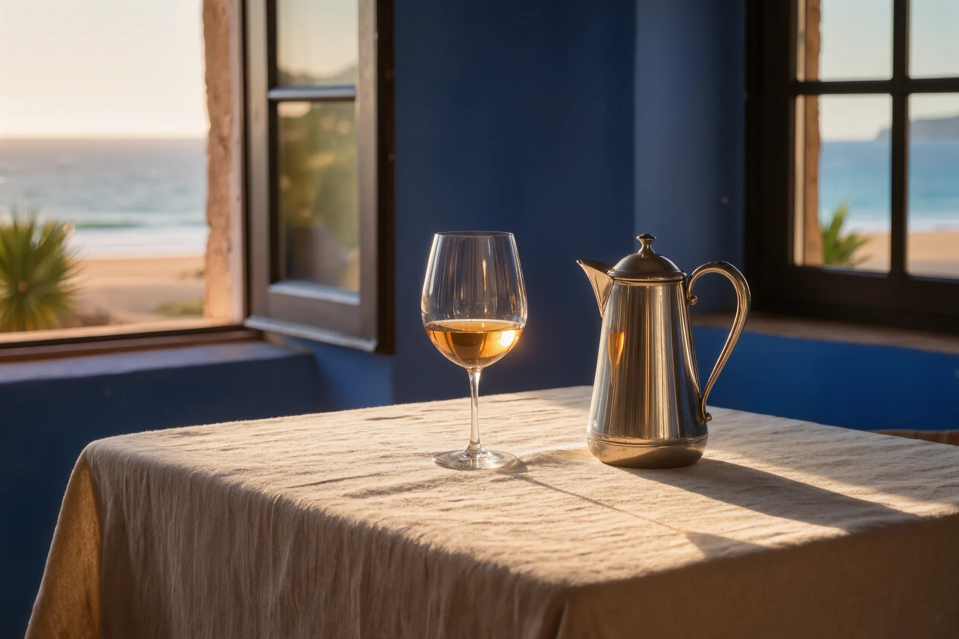 Mesa de comedor con mantel de lino, copas de vino a medio terminar, una cafetera y luz de tarde entrando por una ventana grande