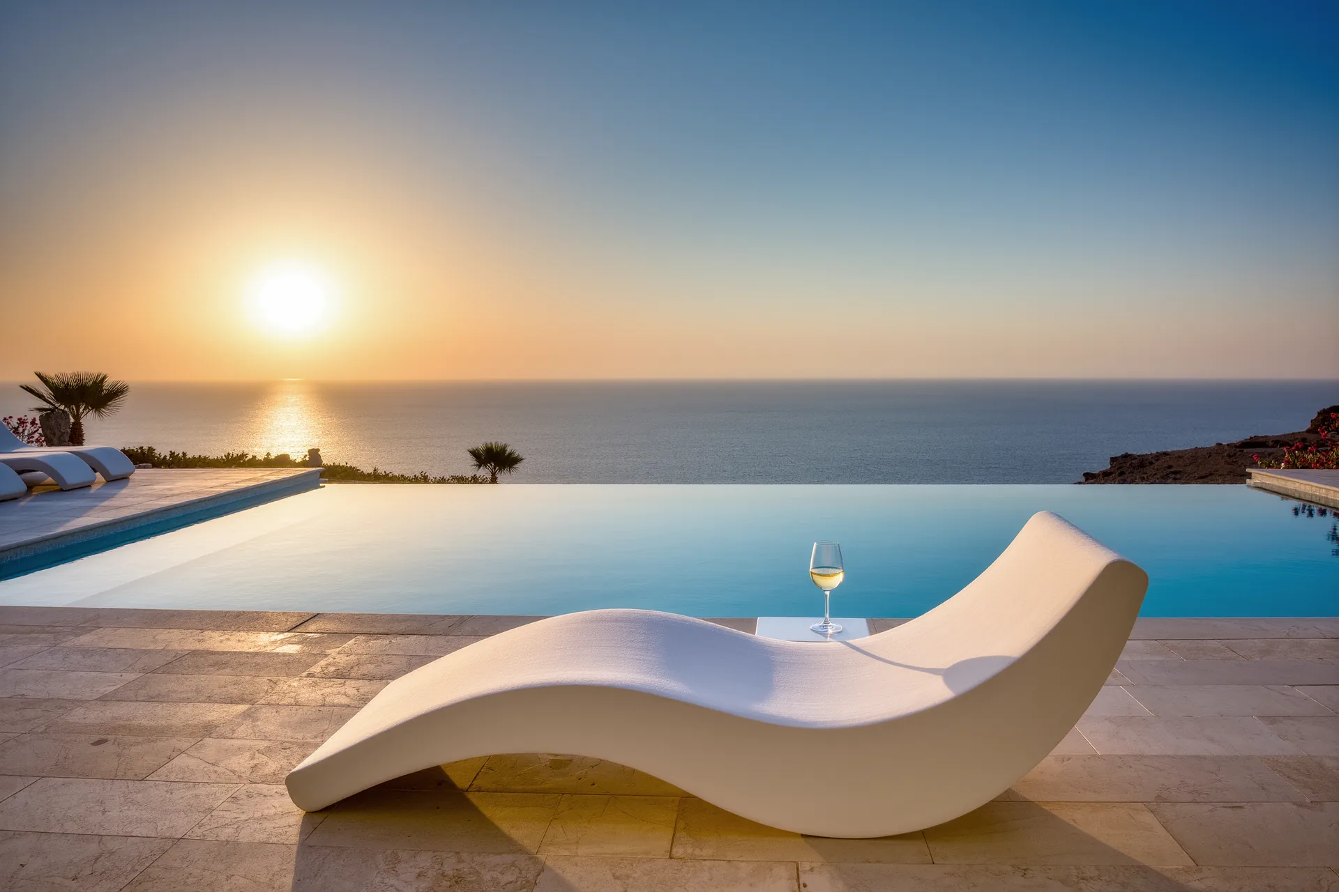 Piscina de borde infinito frente al mar en un resort de lujo al atardecer, con tumbonas de diseño y una copa de vino blanco en primer plano