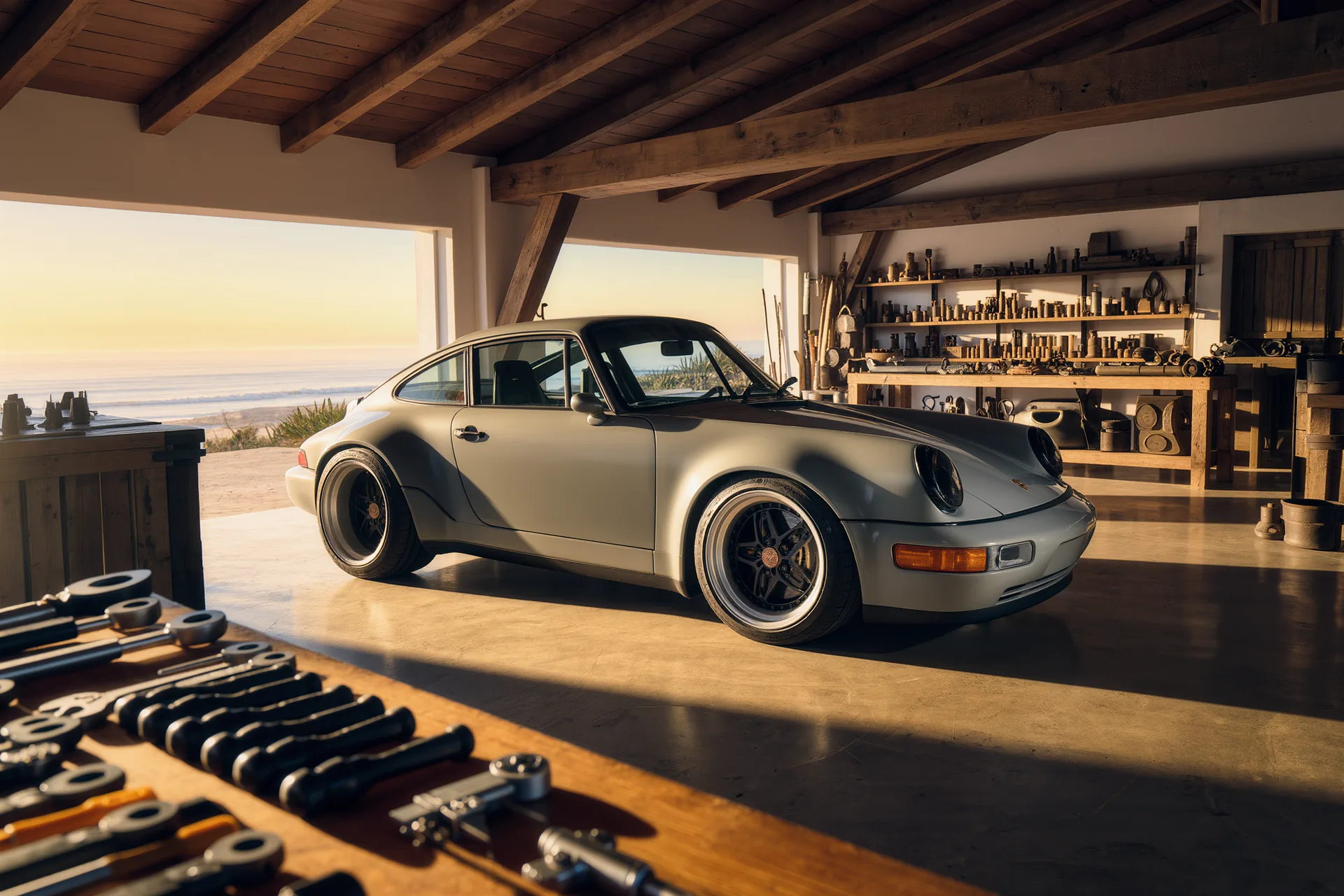 Detalle de un Porsche 911 restomod en gris mate junto a herramientas de precisión en un taller artesanal