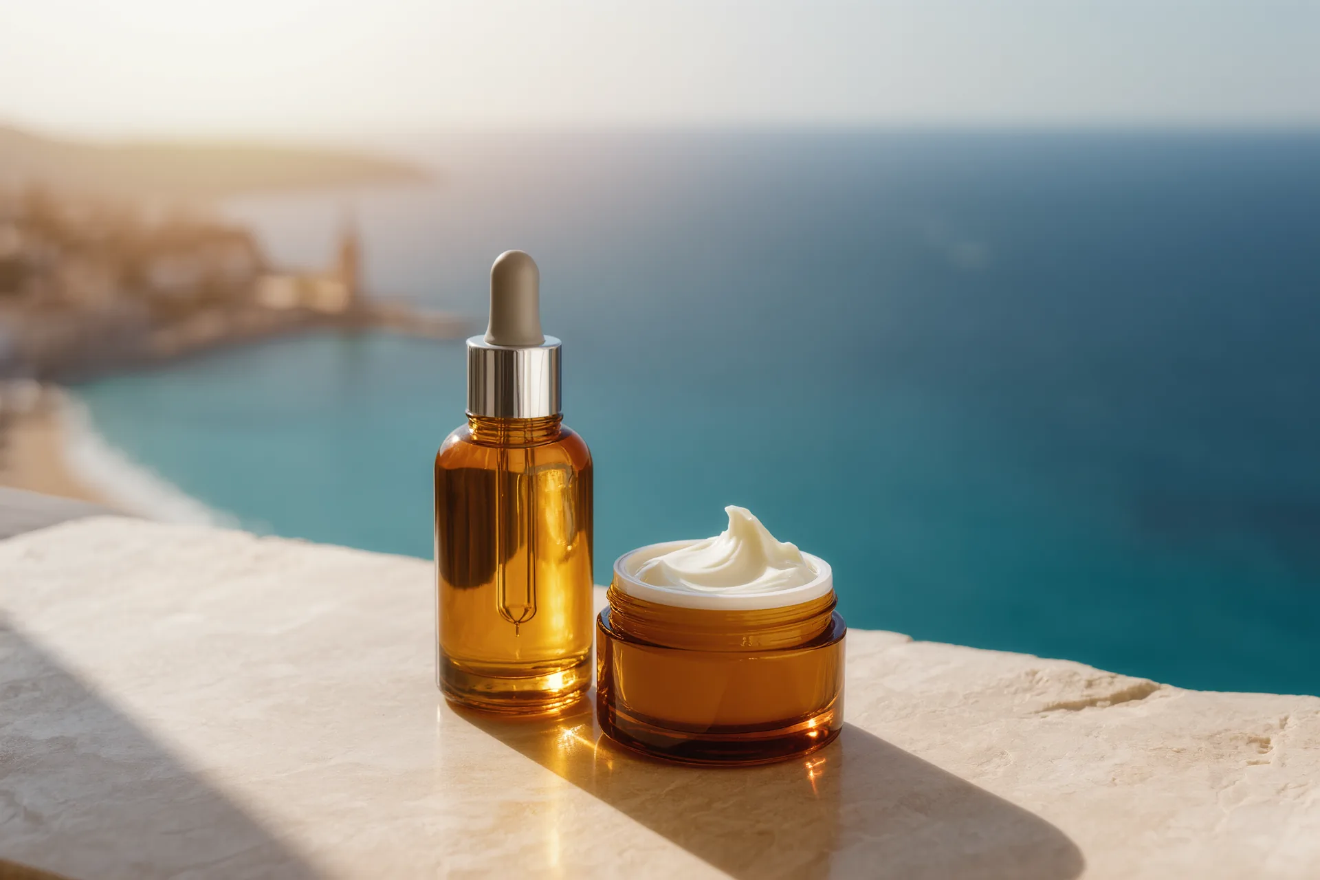Frasco de cristal ámbar con gotero junto a una crema facial de textura sedosa sobre mármol claro, iluminación suave de estudio