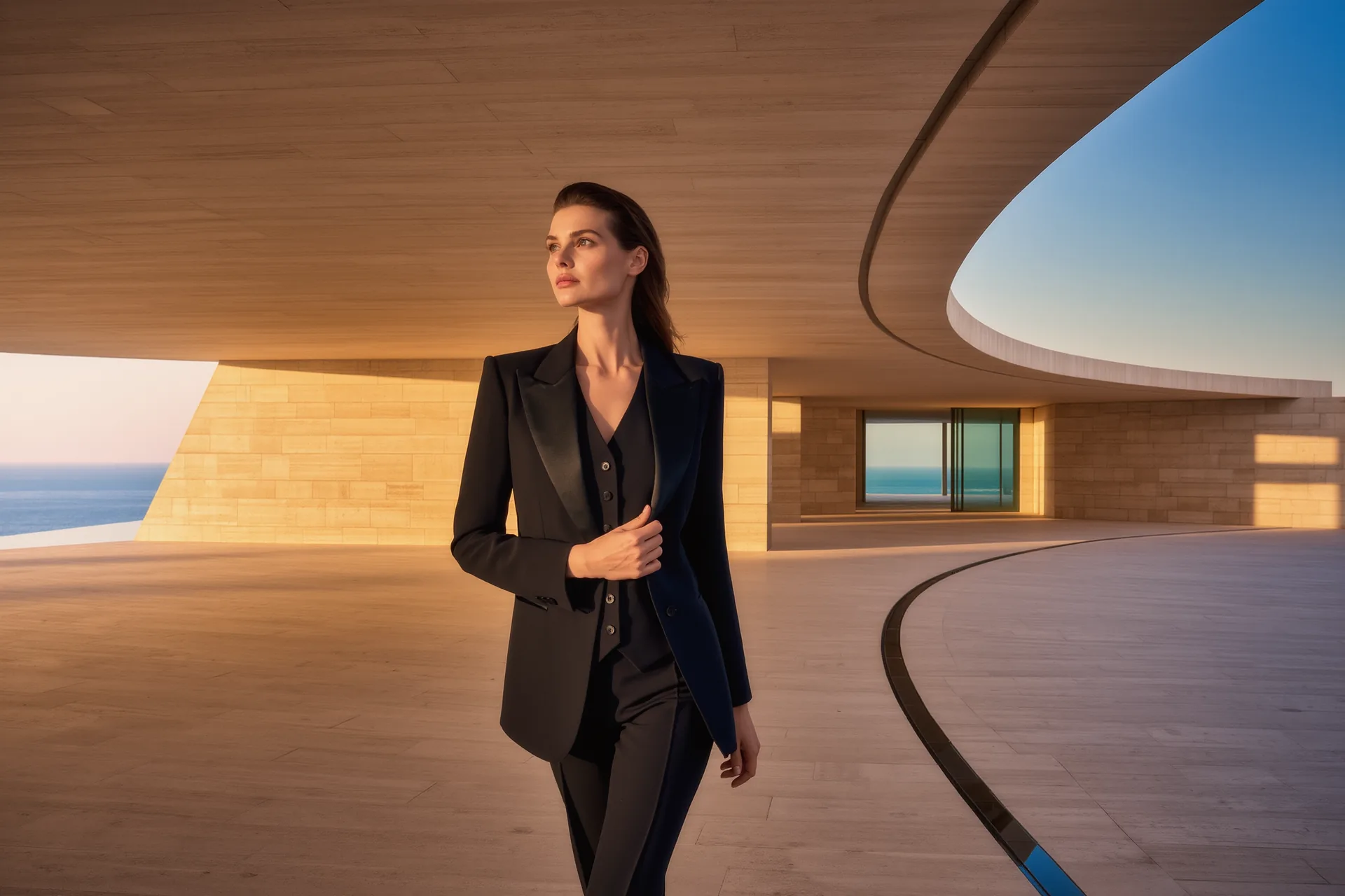 Mujer con traje sastre de tres piezas en tono negro fotografiada en un salón de líneas arquitectónicas