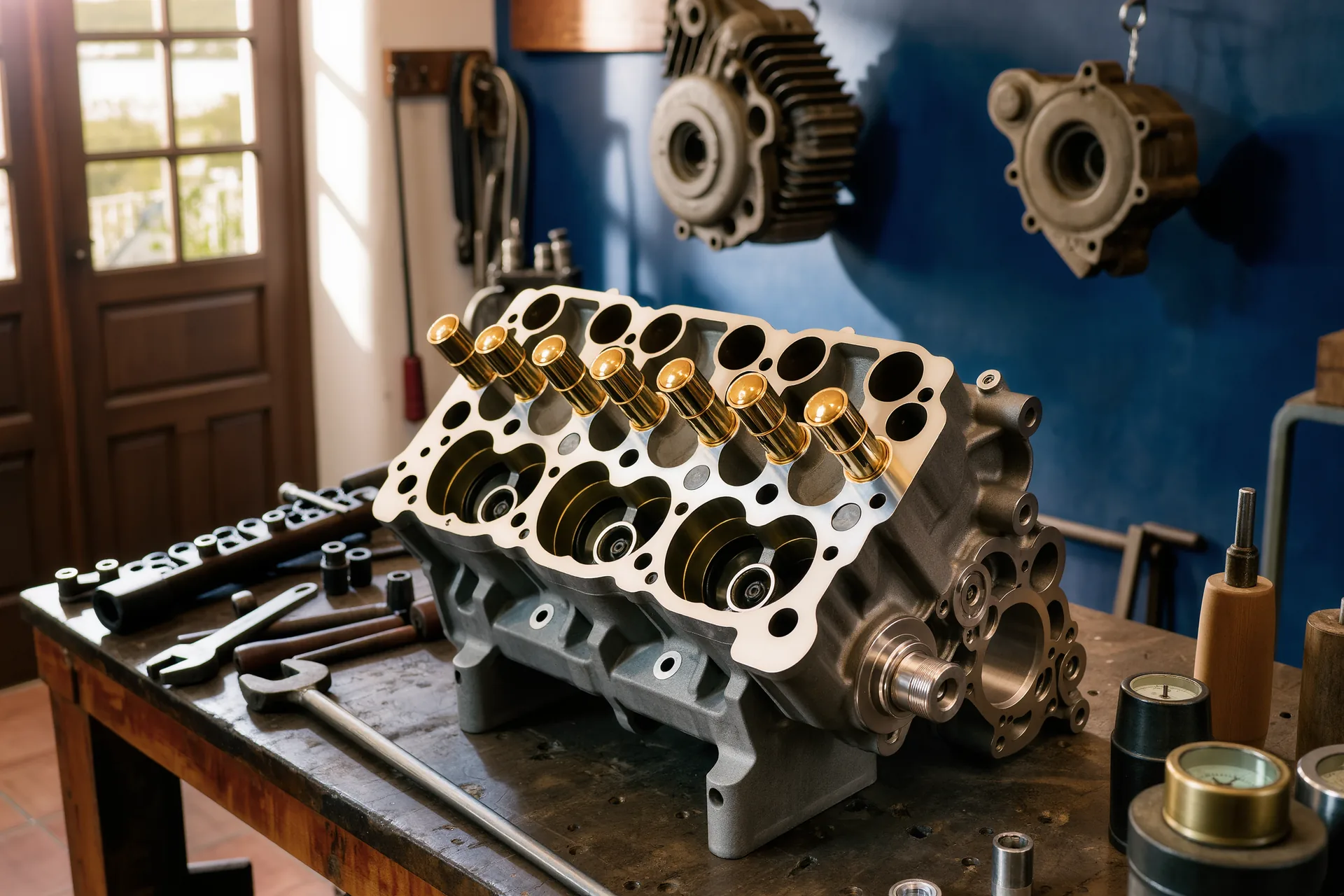 Bloque de motor clásico pulido con detalles cromados, fotografiado en un taller de restauración