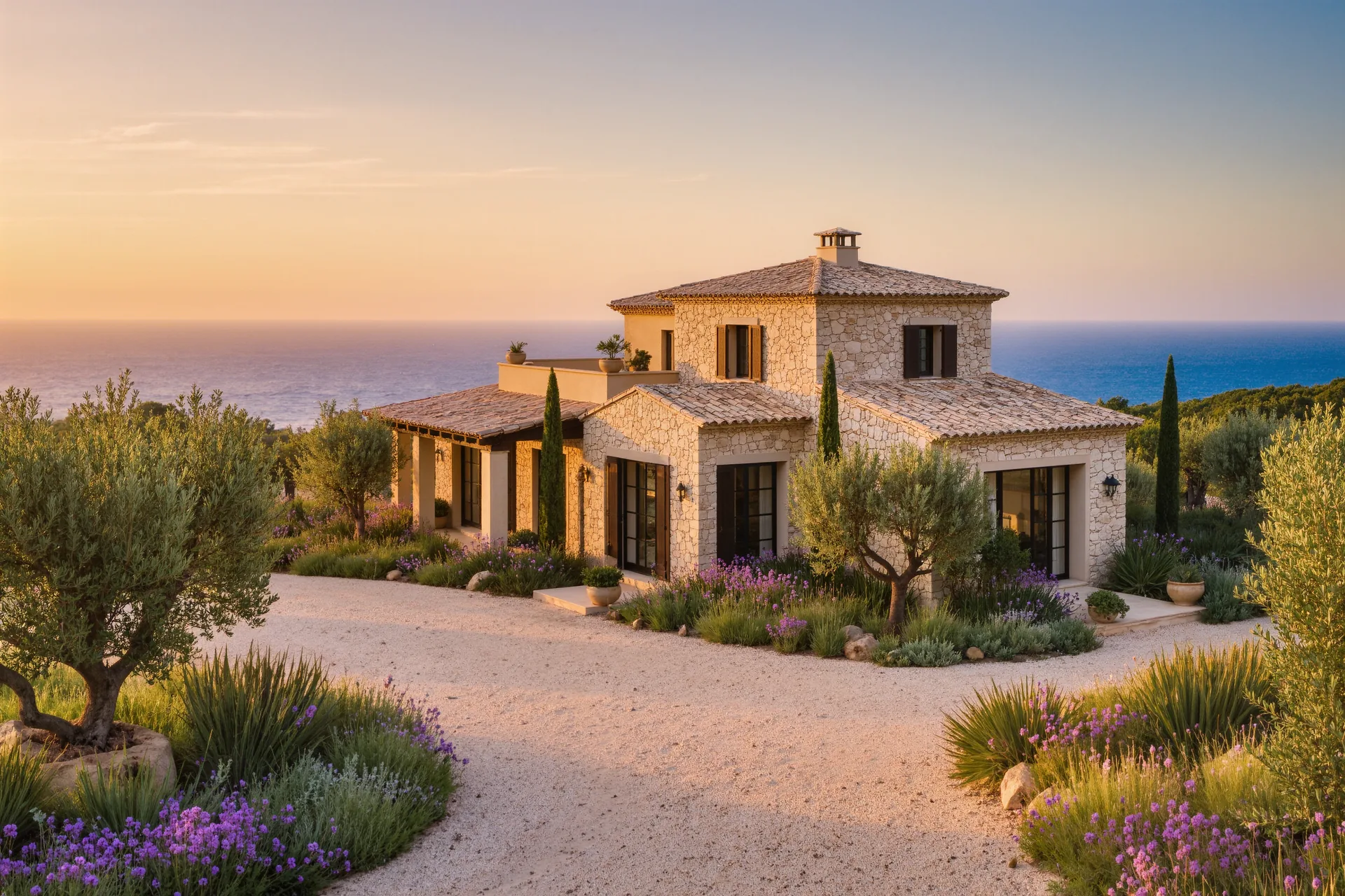 Villa de lujo integrada en un paisaje natural, con materiales locales y vegetación autóctona al atardecer