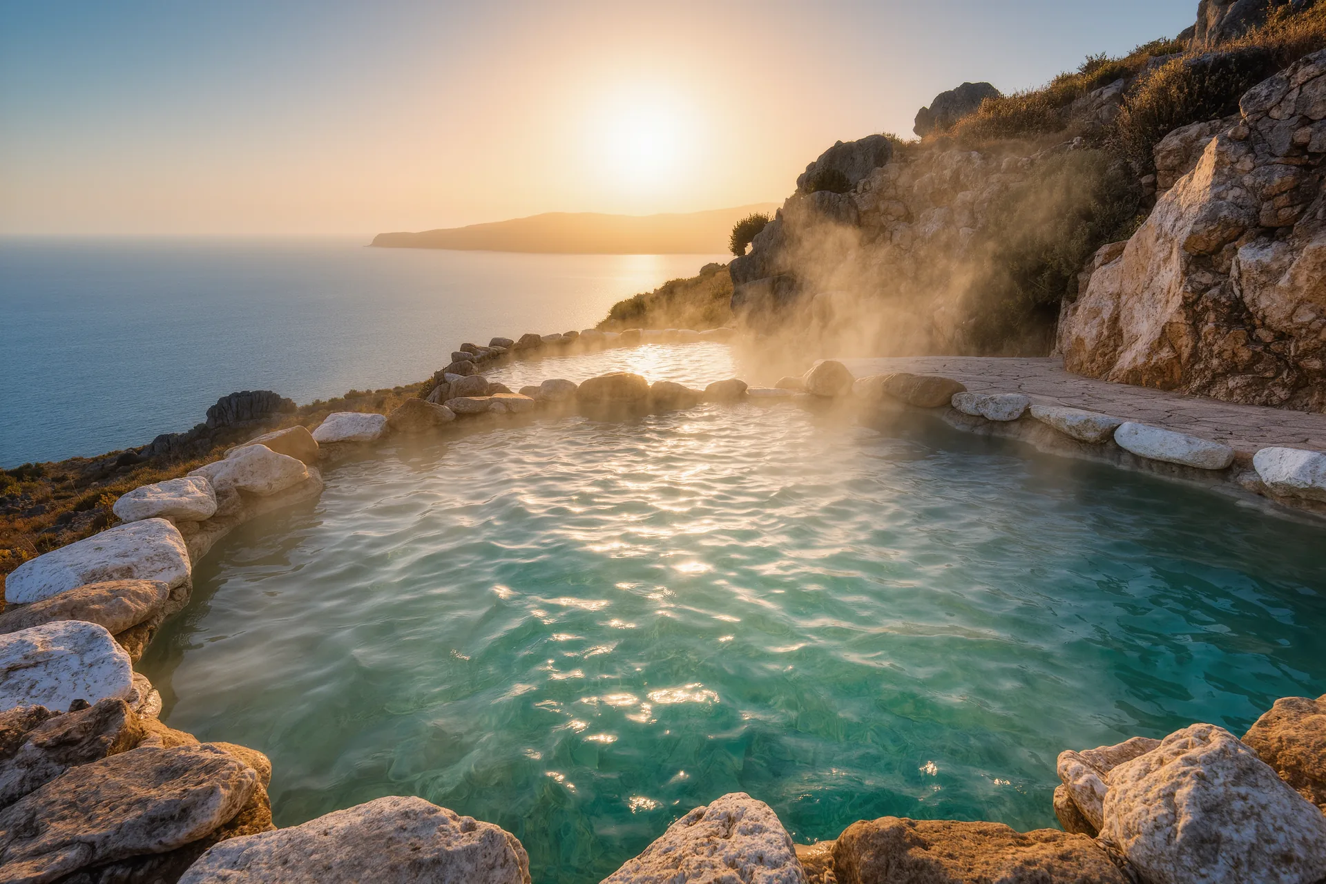 Piscina termal de aguas turquesa rodeada de piedra natural y vapor suave al amanecer, en un retiro de bienestar de montaña