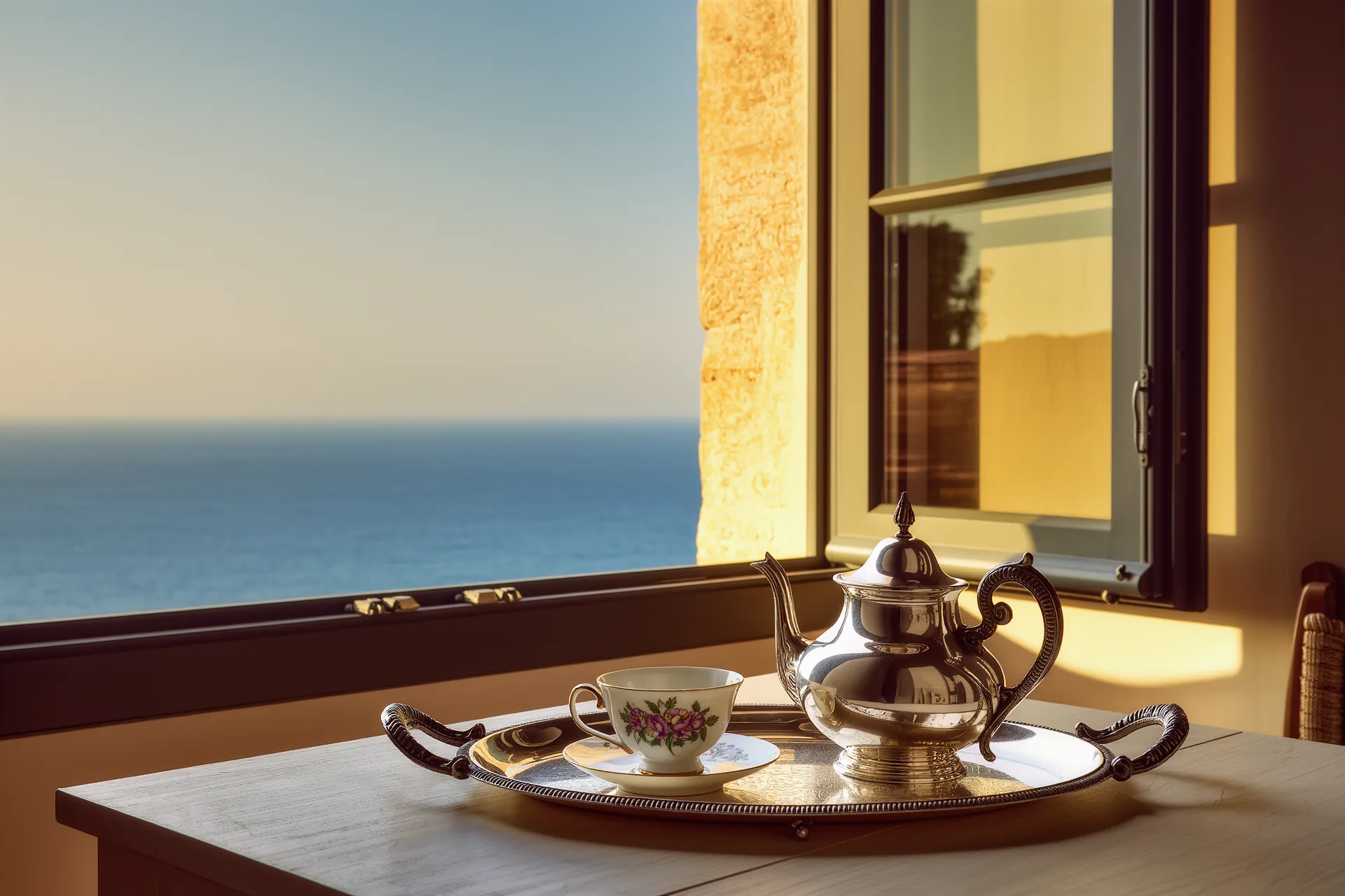 Bandeja de plata con tetera y taza de porcelana junto a una ventana con luz de media tarde