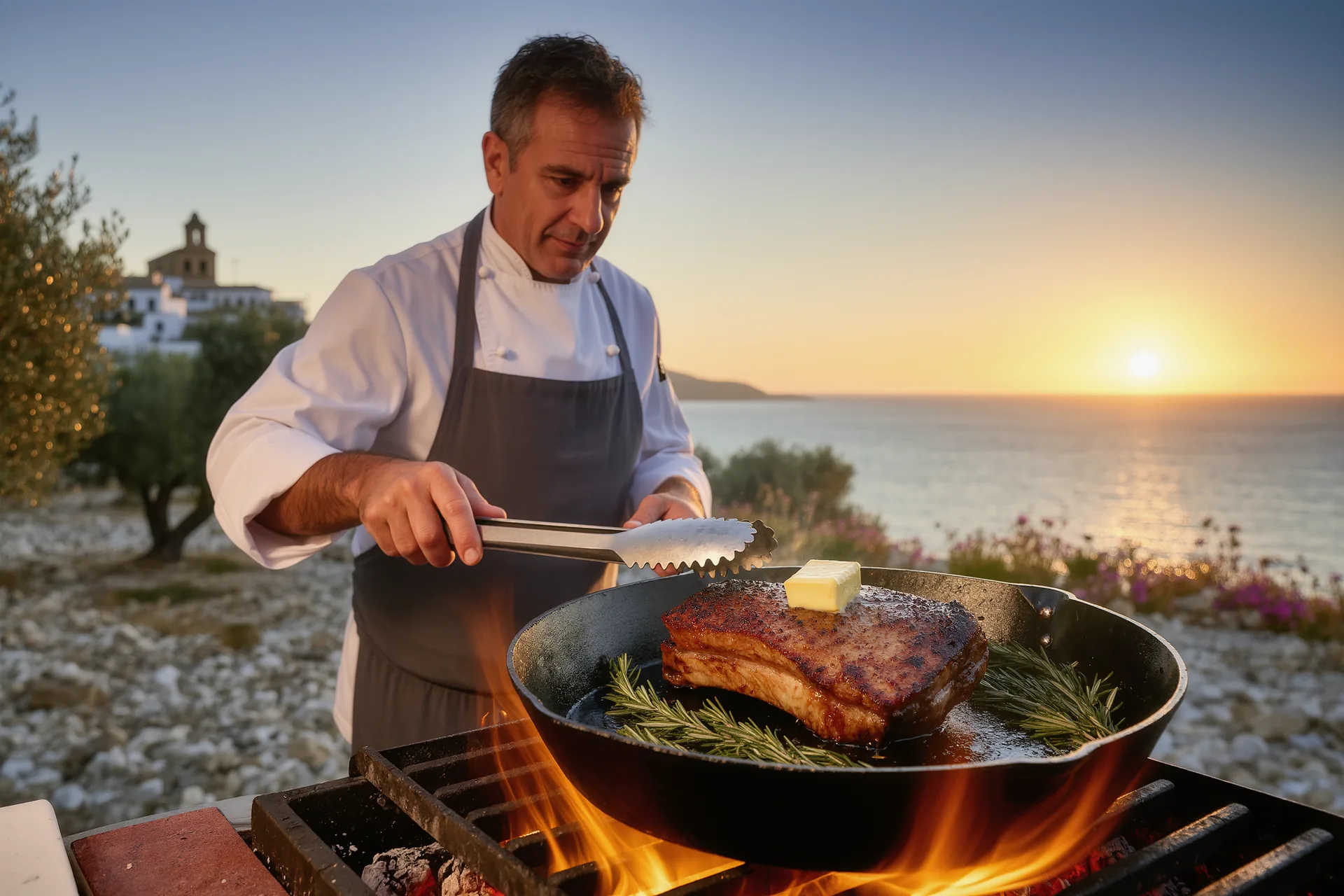 Manos de un cocinero sellando un corte de carne en una sartén de hierro fundido, con mantequilla espumando y hierbas aromáticas junto al fuego