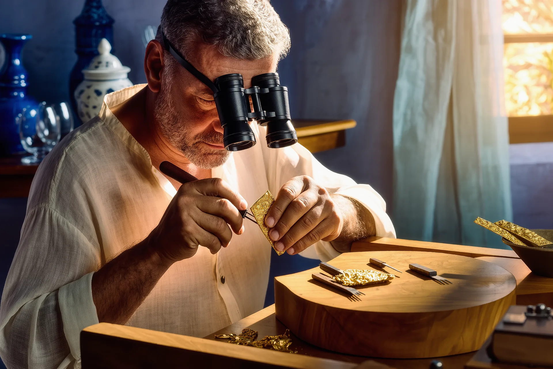Manos de un joyero trabajando con buril y lupa binocular sobre una pieza de oro en un banco de taller iluminado