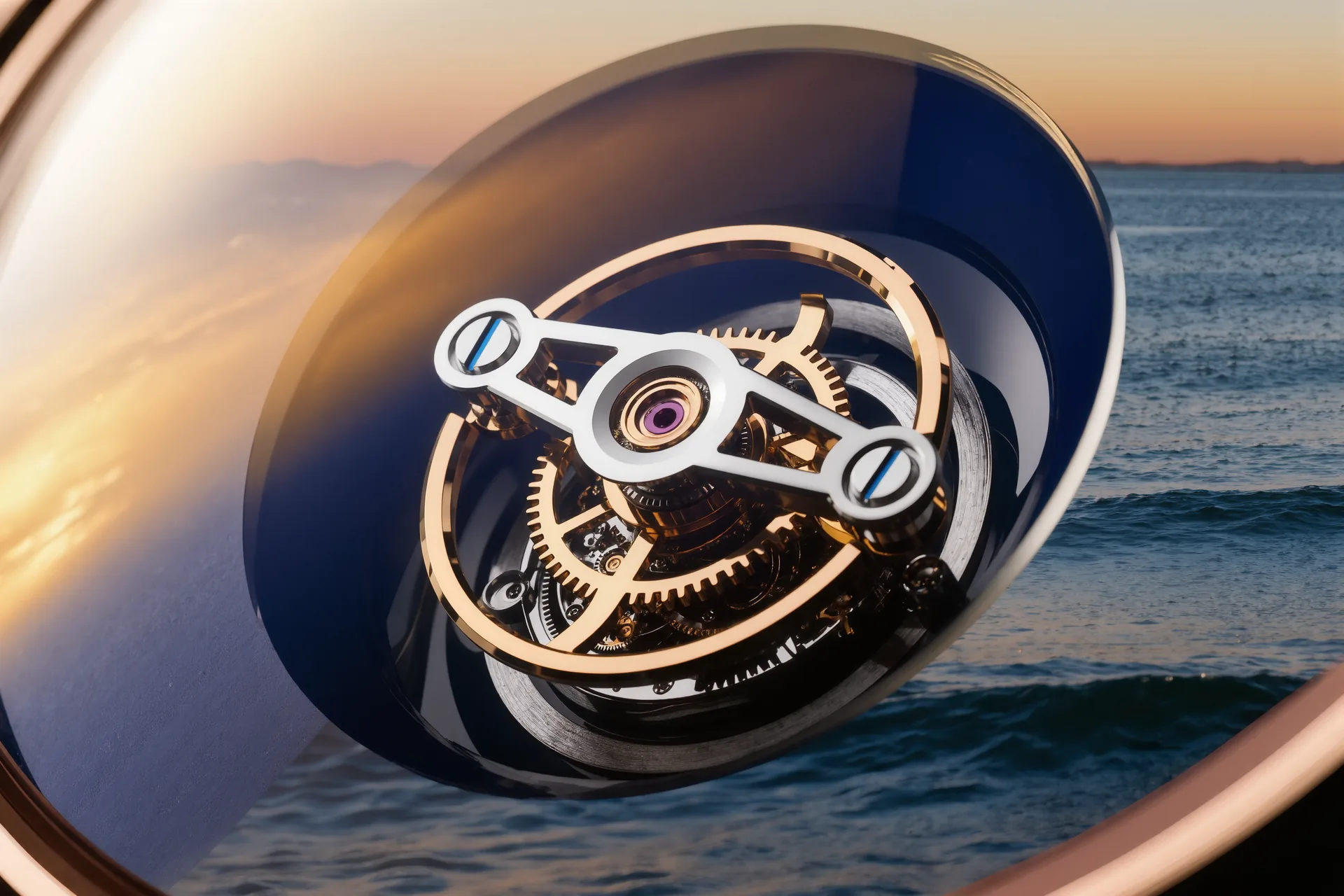 Primer plano de un tourbillon volante en movimiento dentro de la esfera abierta de un reloj mecánico de alta gama