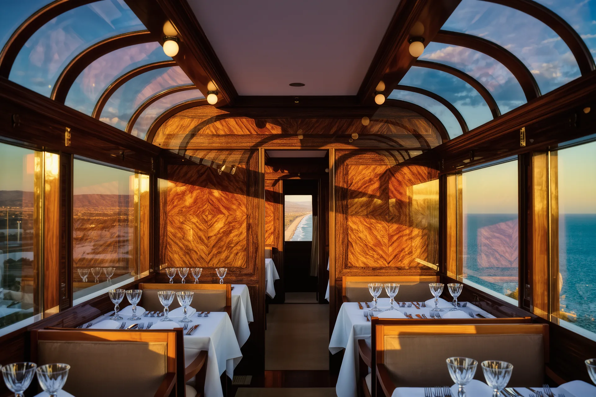 Vagón restaurante de un tren de lujo con marquetería de madera, mantelería blanca y luz cálida entrando por las ventanillas panorámicas