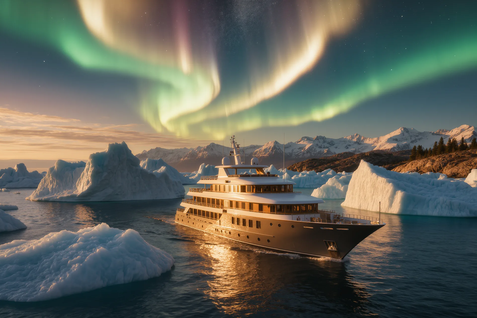 Un barco de expedición de lujo navega entre icebergs bajo una luz ártica dorada, con montañas nevadas al fondo