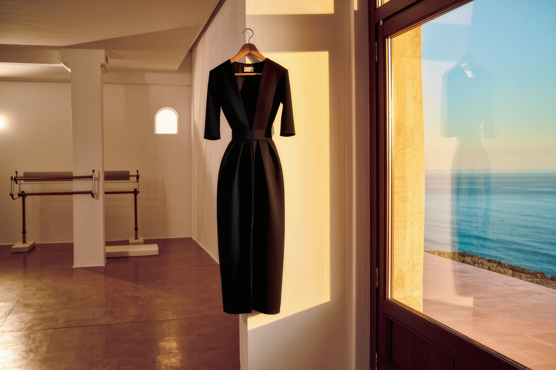 Vestido negro de corte impecable colgado junto a una ventana con luz natural, sobre un fondo neutro de atelier