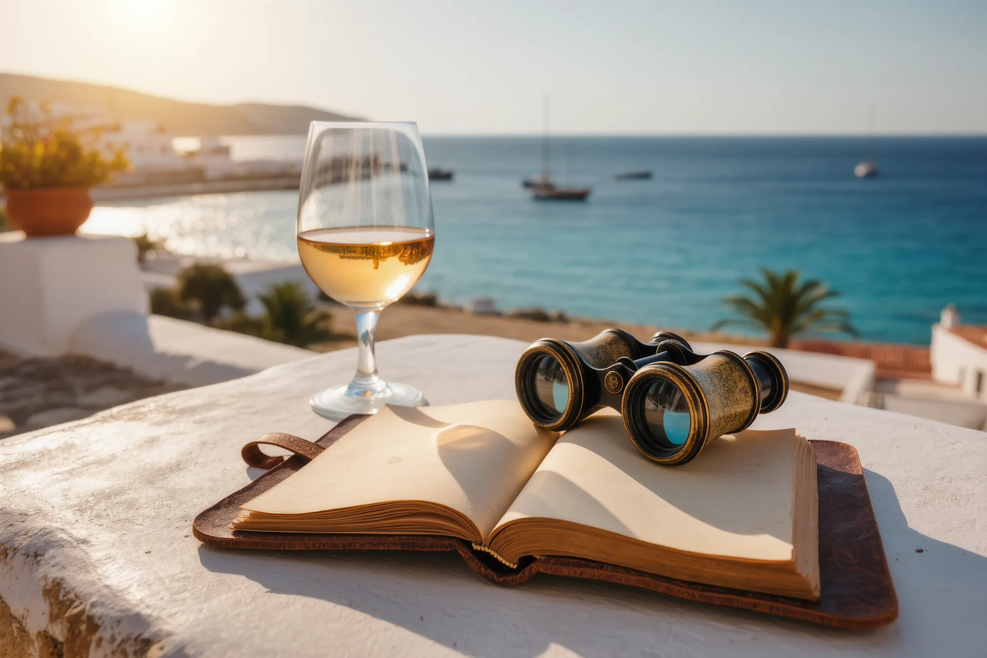 Un cuaderno de viaje de cuero abierto sobre la mesa de una terraza mediterránea, junto a una copa de vino y unos prismáticos antiguos