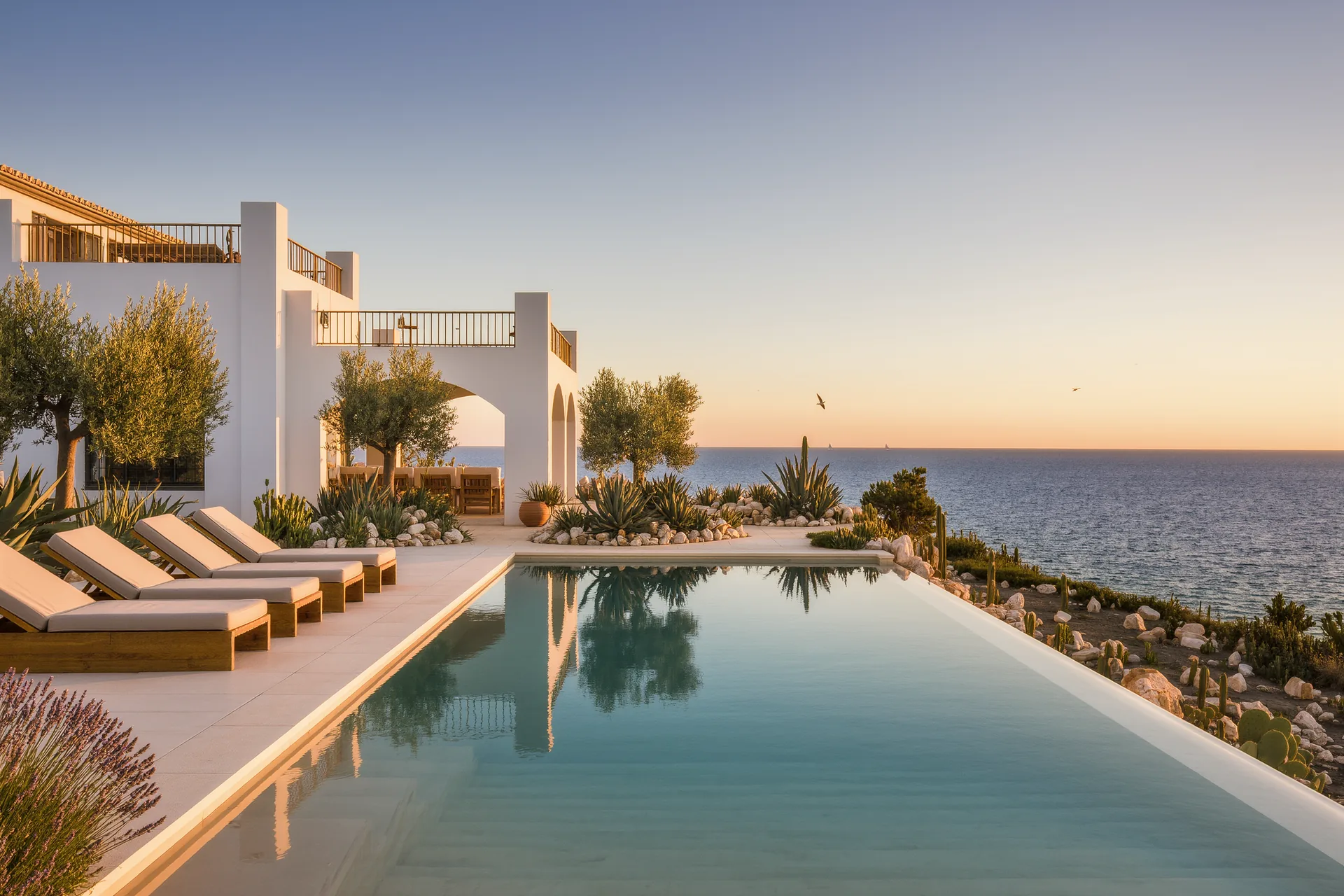 Piscina infinita de una villa de lujo frente al mar al atardecer, con tumbonas de teca y vegetación mediterránea